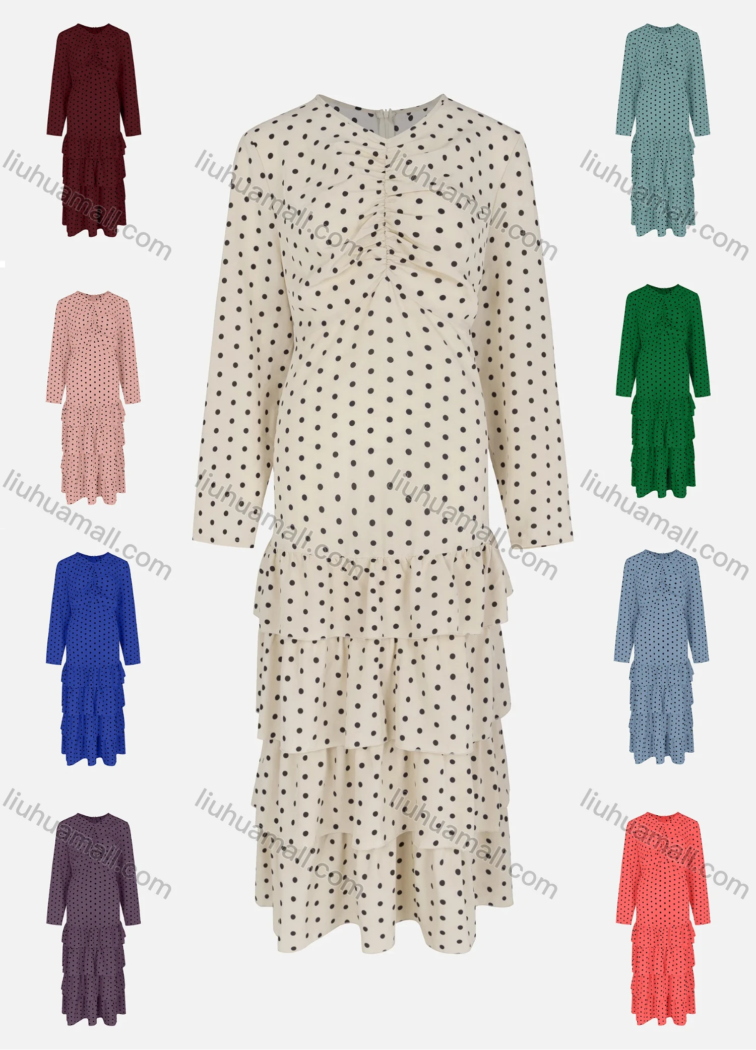 Wholesale Women's Casual A-Line Ruffle Layer Hem Polka Dot Ruched Maxi Dress - Liuhuamall