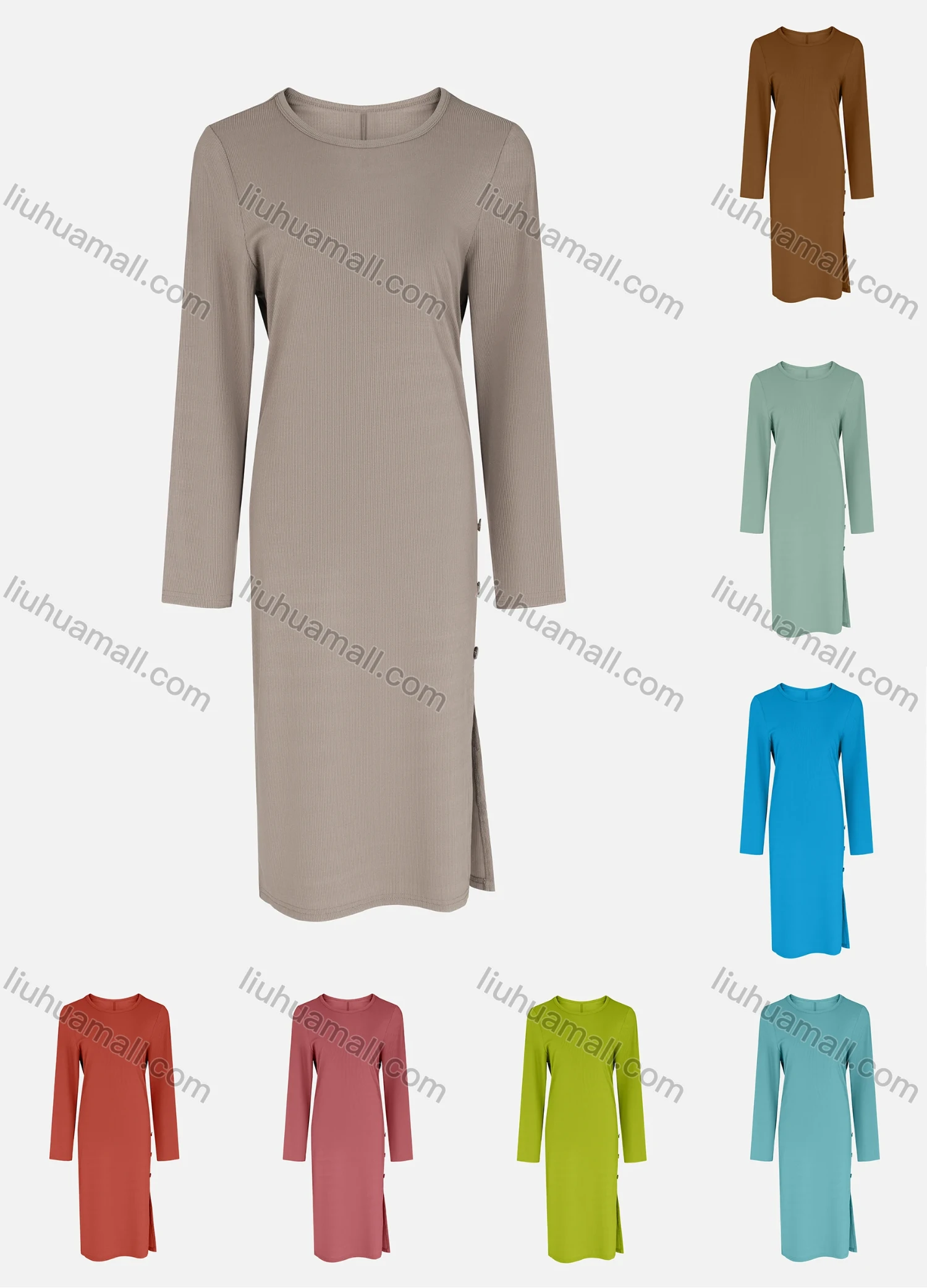 Wholesale Women's Casual Slit Hem Button Detail Plain Causal Dress - Liuhuamall