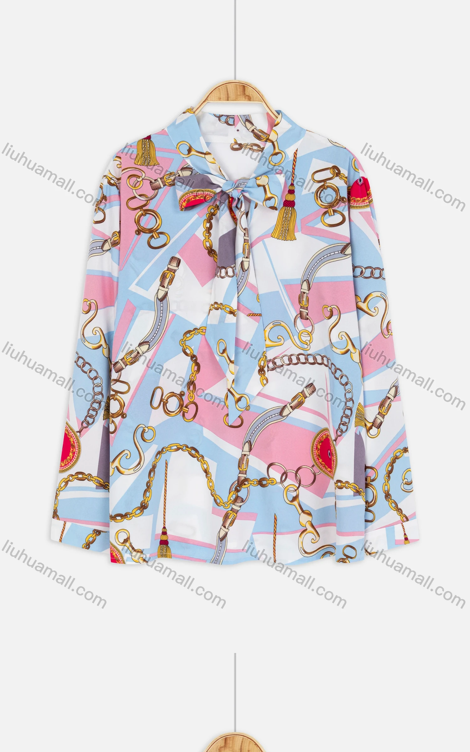 Wholesale Women's Gold Chain Bowknot Tie Neck Button Cuff Blouse - Liuhuamall