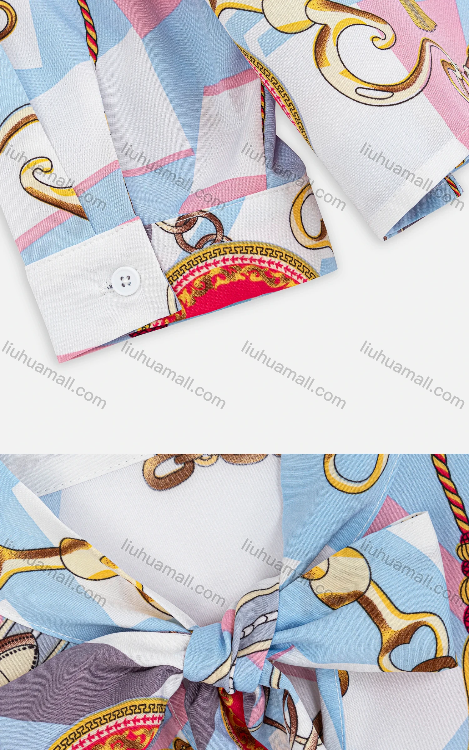 Wholesale Women's Gold Chain Bowknot Tie Neck Button Cuff Blouse - Liuhuamall