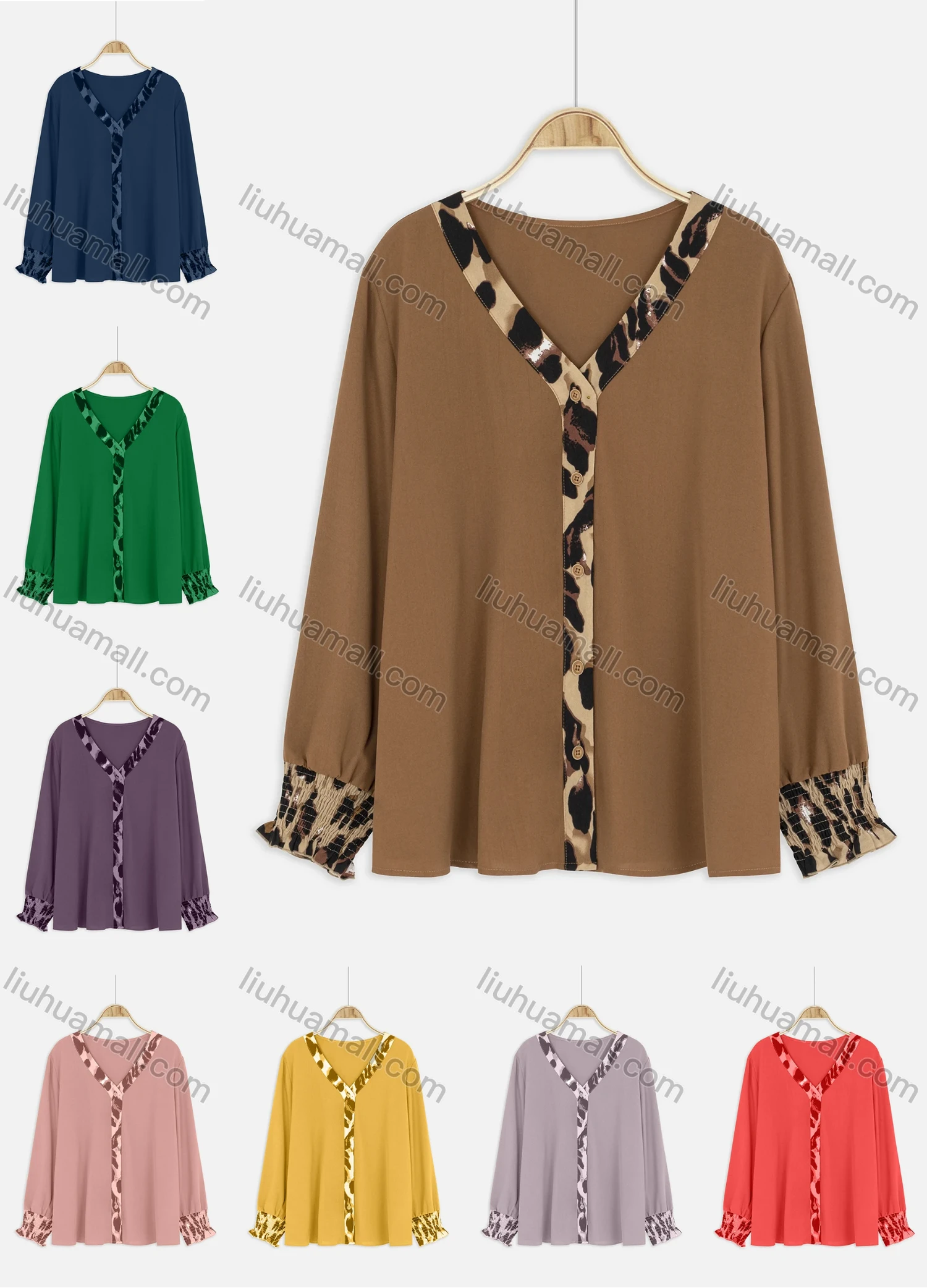 Wholesale Women's Casual Leopard Trim Elastic Cuff Button Closure Cardigan - Liuhuamall