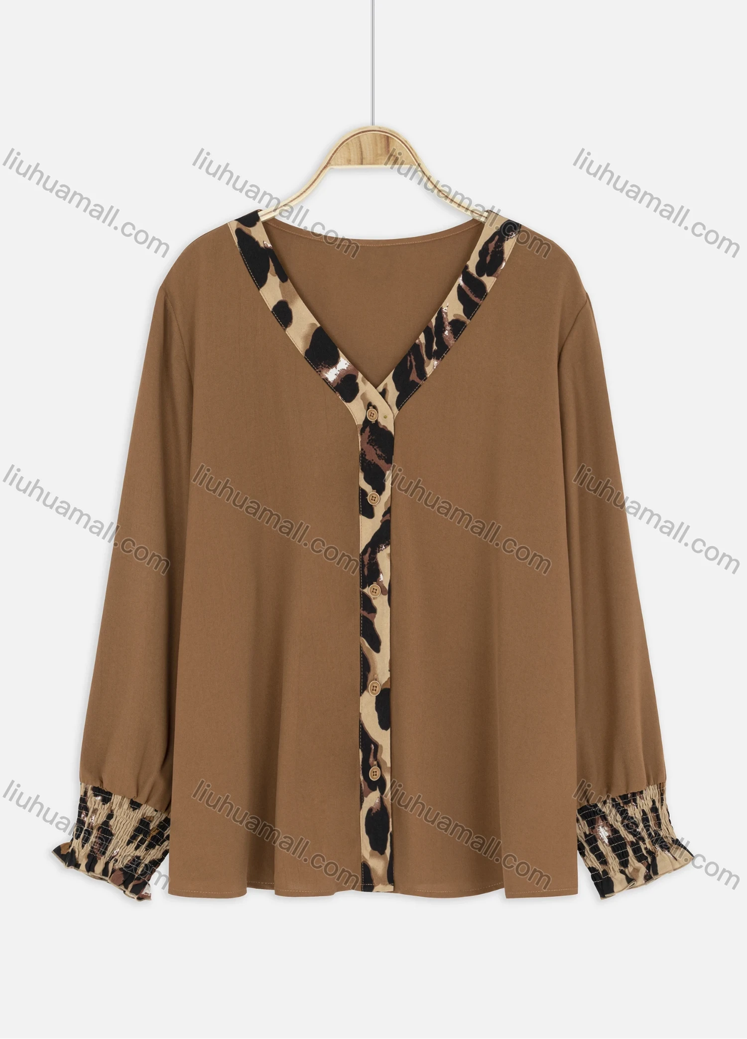 Wholesale Women's Casual Leopard Trim Elastic Cuff Button Closure Cardigan - Liuhuamall