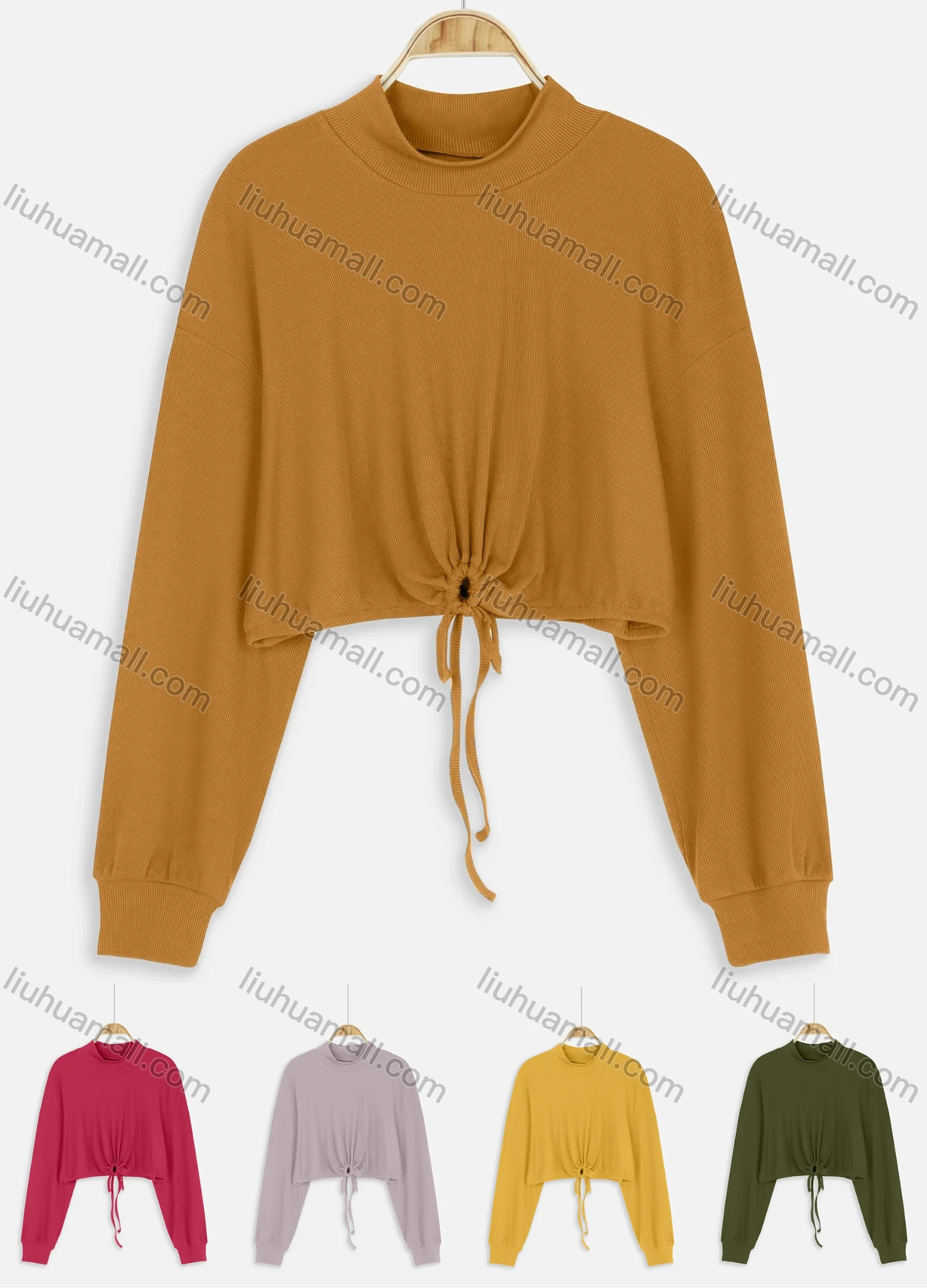 Wholesale Women's Casual Mock Neck Drawstring Elastic Cuff Tie Front Crop Blouse - Liuhuamall