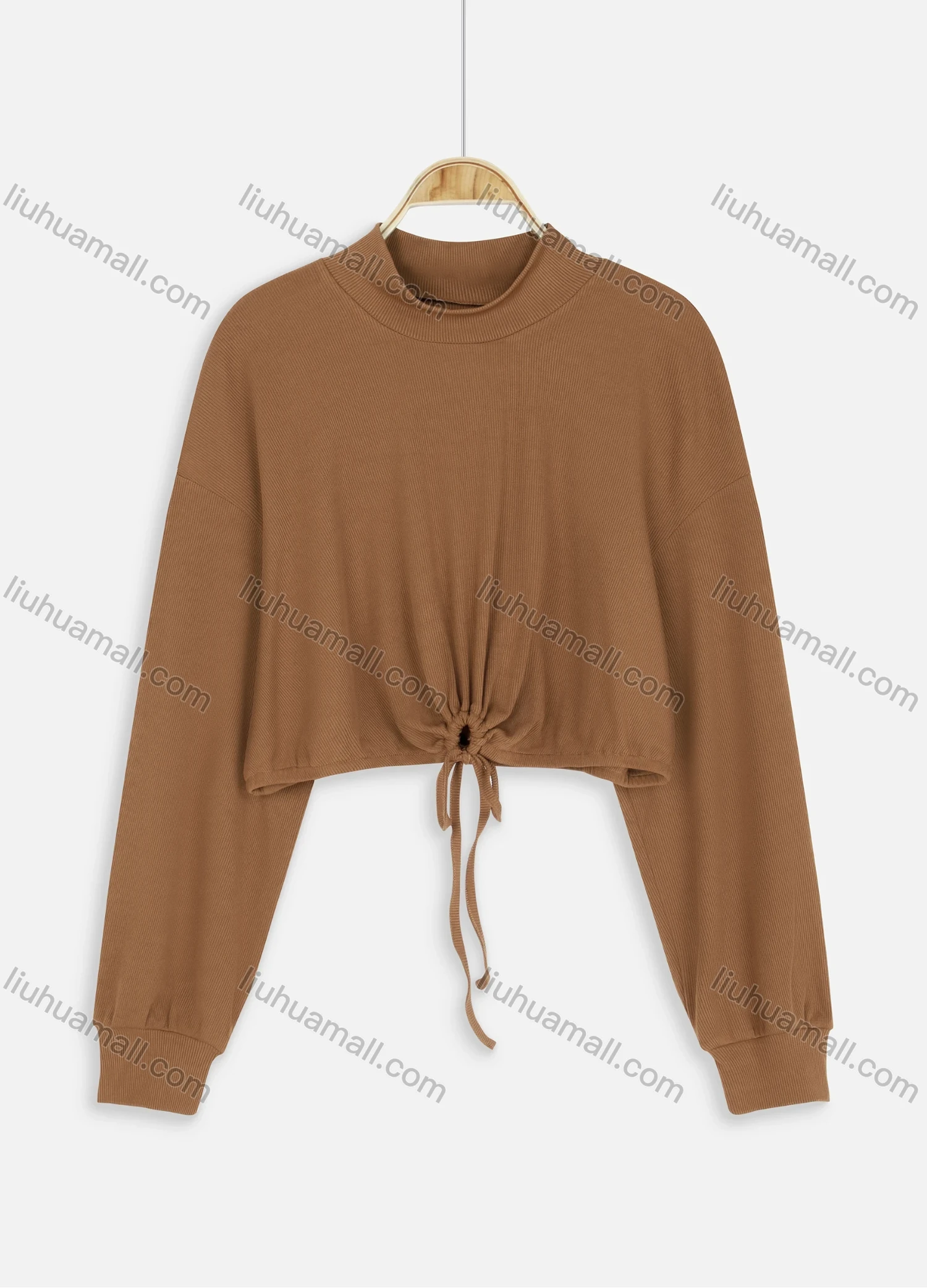 Wholesale Women's Casual Mock Neck Drawstring Elastic Cuff Tie Front Crop Blouse - Liuhuamall