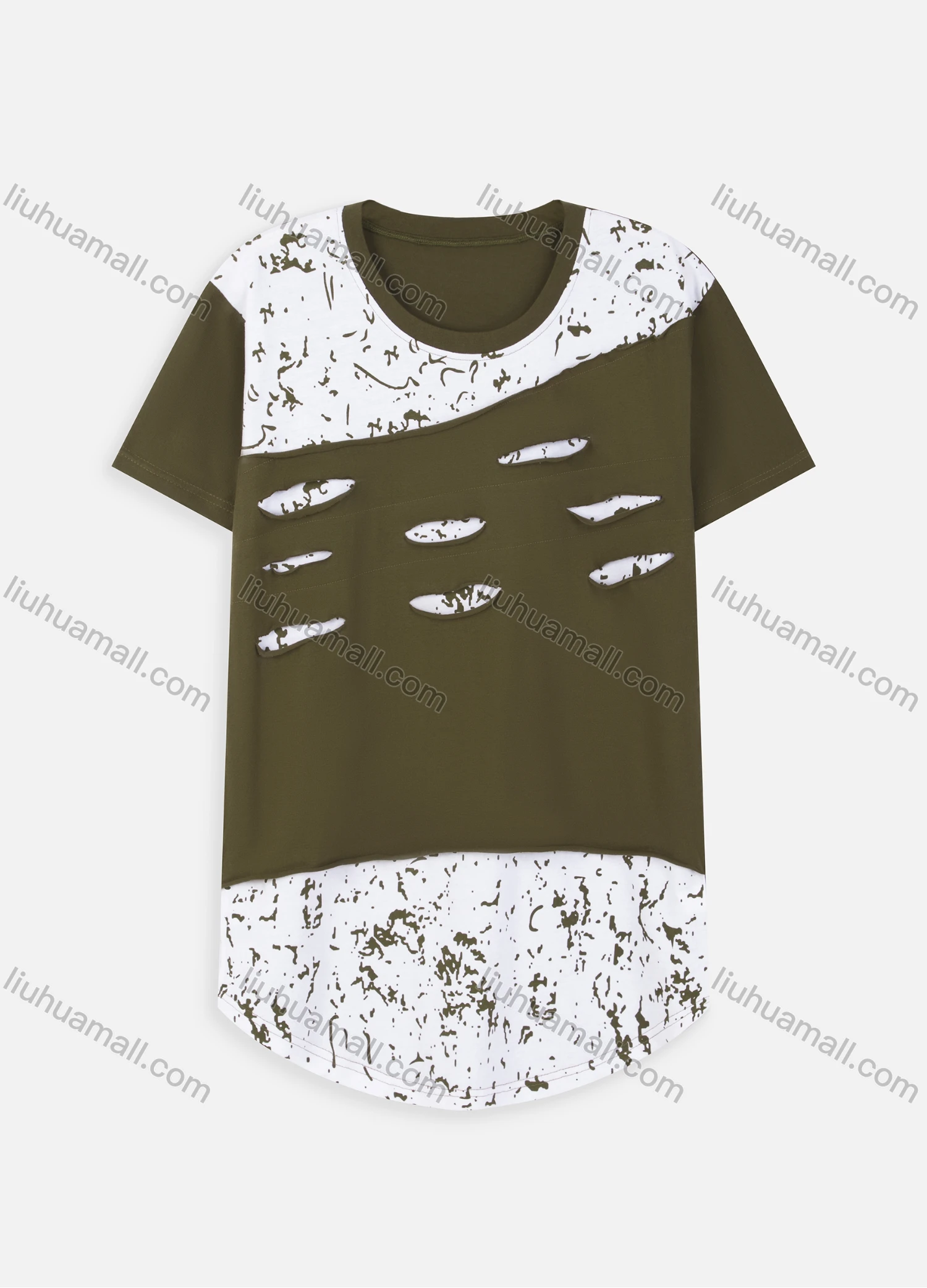 Wholesale Men's Fashion Irregular Print Curved Hem Distressed T Shirt - Liuhuamall