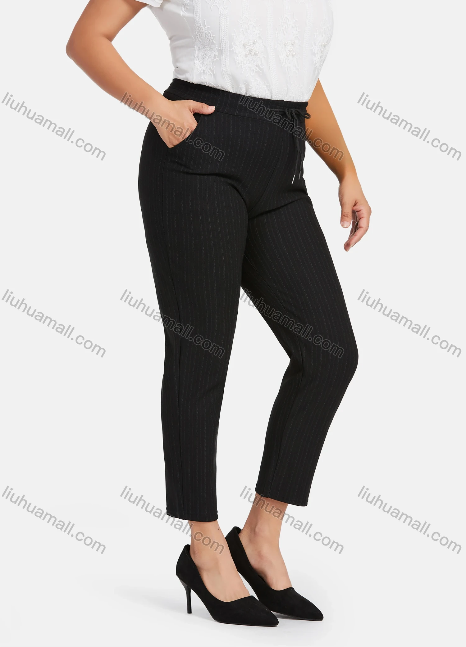Wholesale Women's Casual Plus Size High Elastic Striped Print Stright Leg Pants With Drawstring 33103# - Liuhuamall