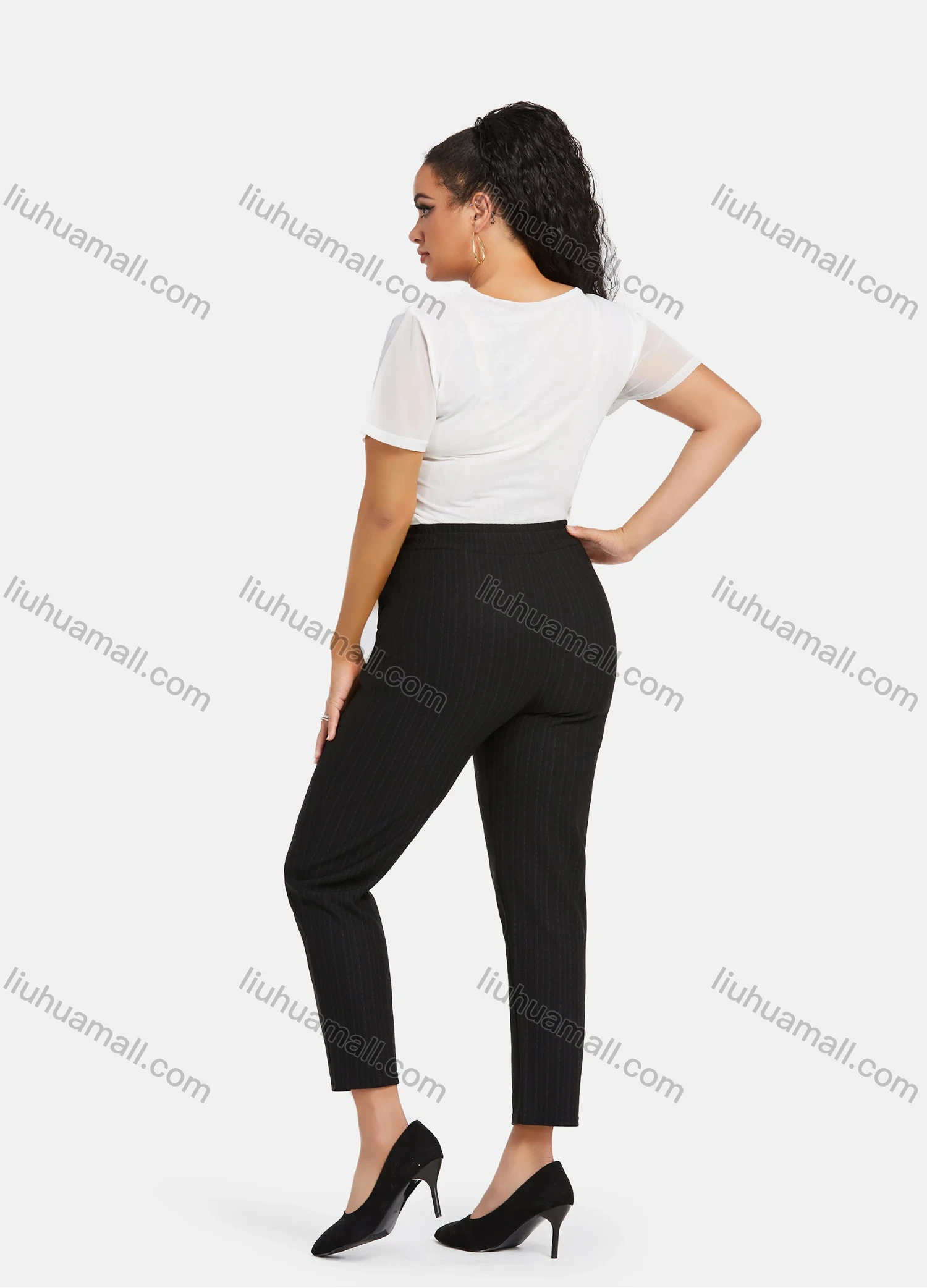 Wholesale Women's Casual Plus Size High Elastic Striped Print Stright Leg Pants With Drawstring 33103# - Liuhuamall