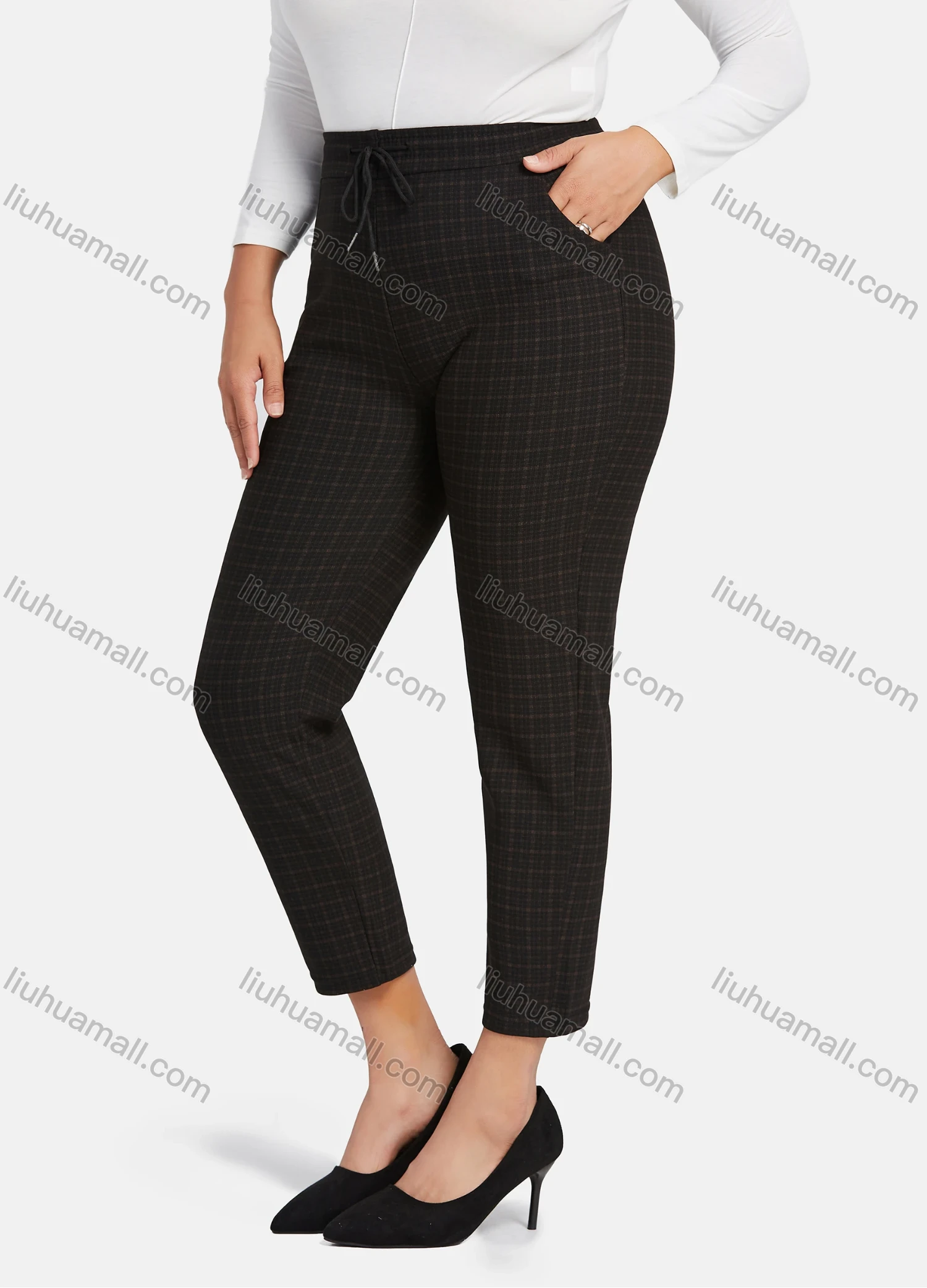 Wholesale Women's Casual Plus Size High Elastic Plaid Print Stright Leg Pants With Drawstring 33104# - Liuhuamall