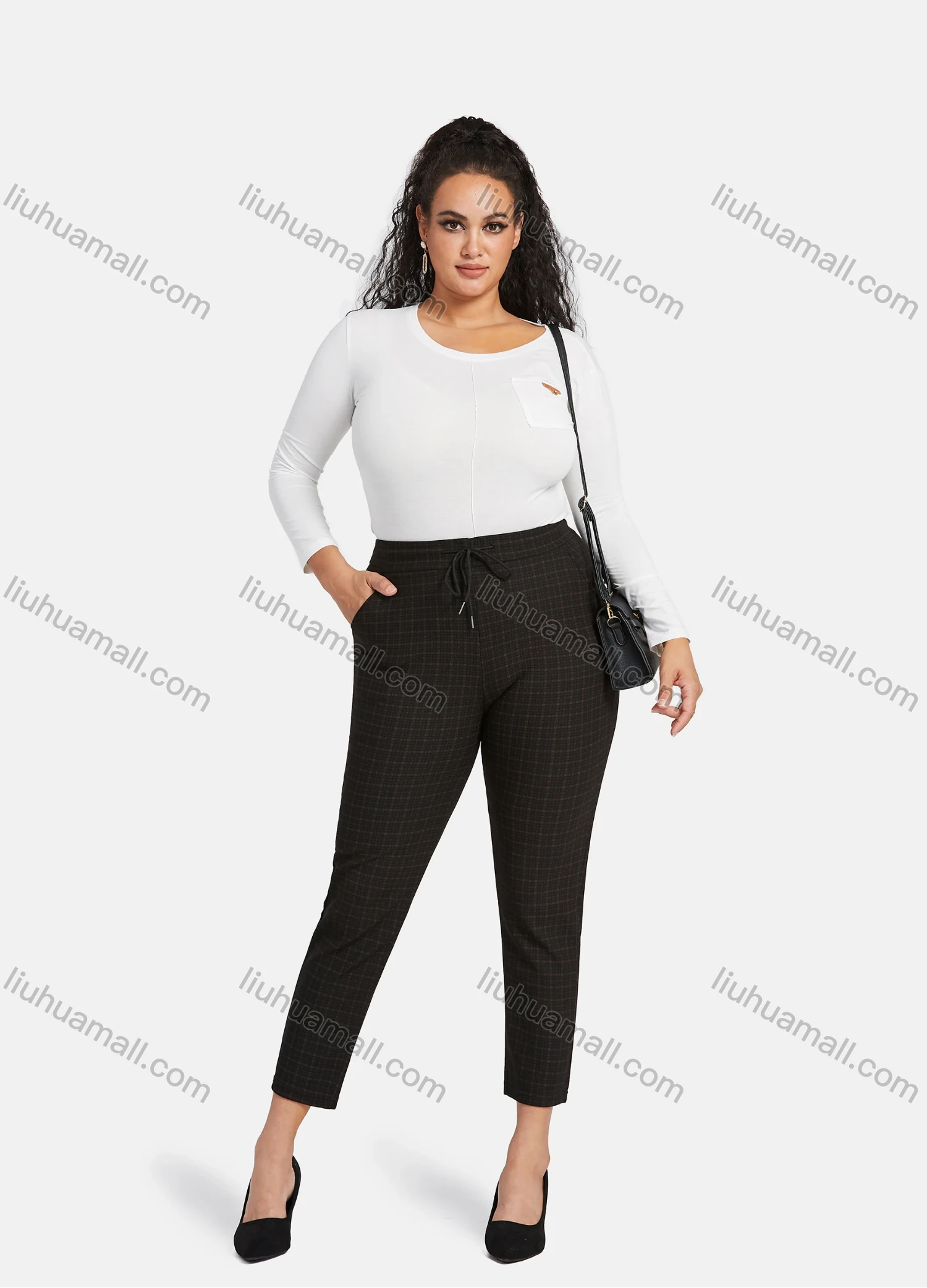 Wholesale Women's Casual Plus Size High Elastic Plaid Print Stright Leg Pants With Drawstring 33104# - Liuhuamall