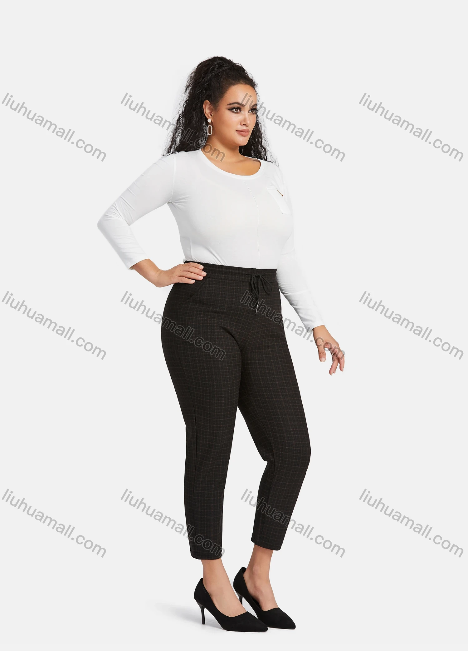 Wholesale Women's Casual Plus Size High Elastic Plaid Print Stright Leg Pants With Drawstring 33104# - Liuhuamall