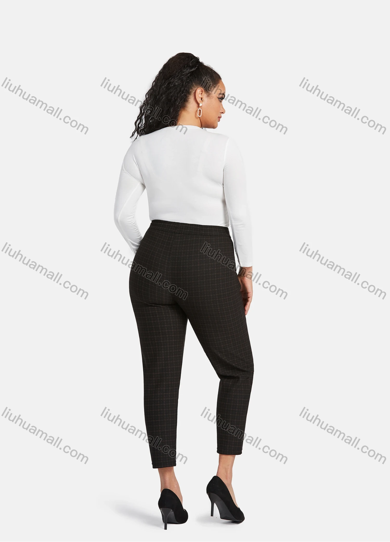 Wholesale Women's Casual Plus Size High Elastic Plaid Print Stright Leg Pants With Drawstring 33104# - Liuhuamall