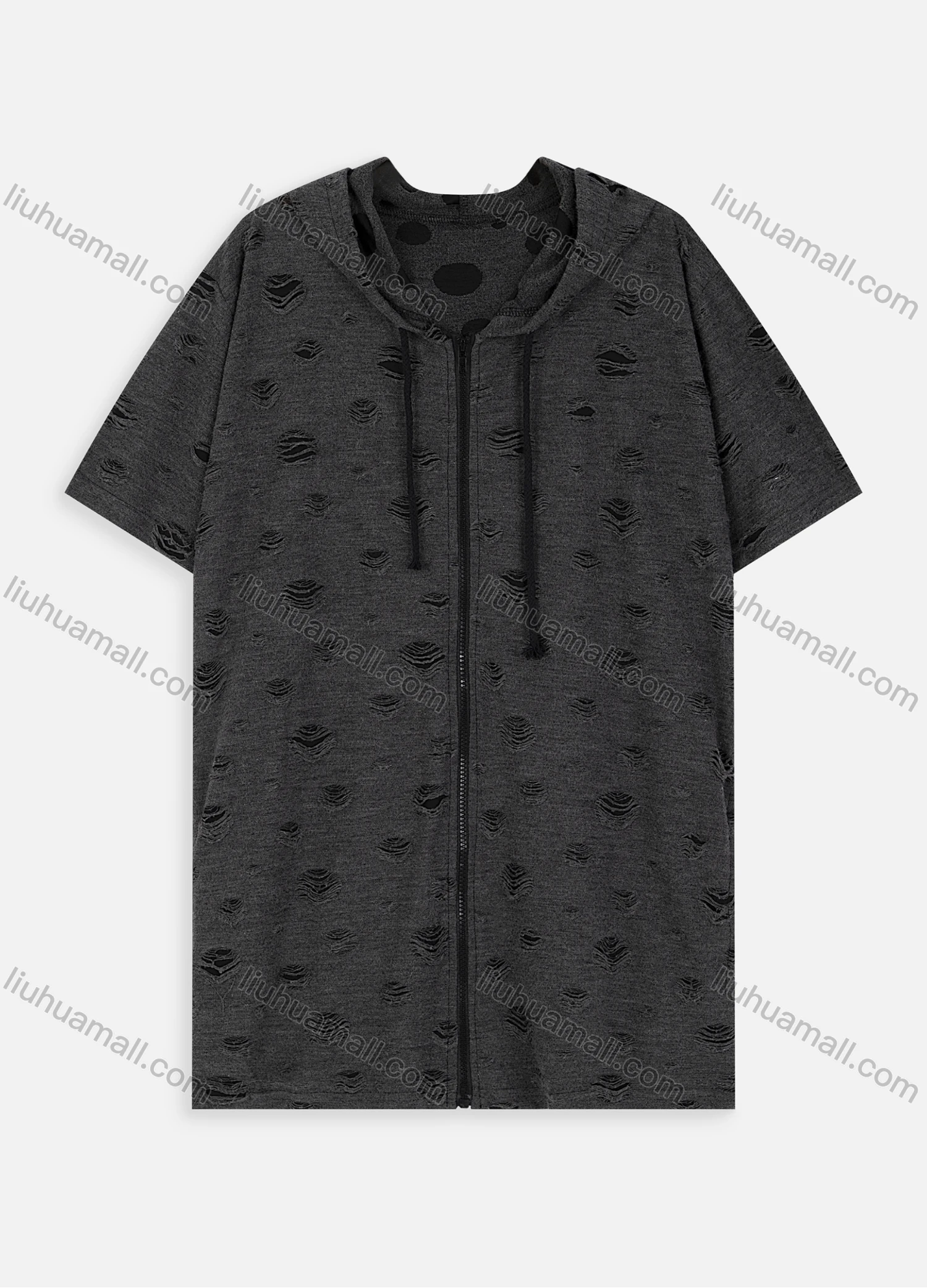 Wholesale Men's Fashion Short Sleeve Distressed Zip Up Drawstring Hoodie - Liuhuamall