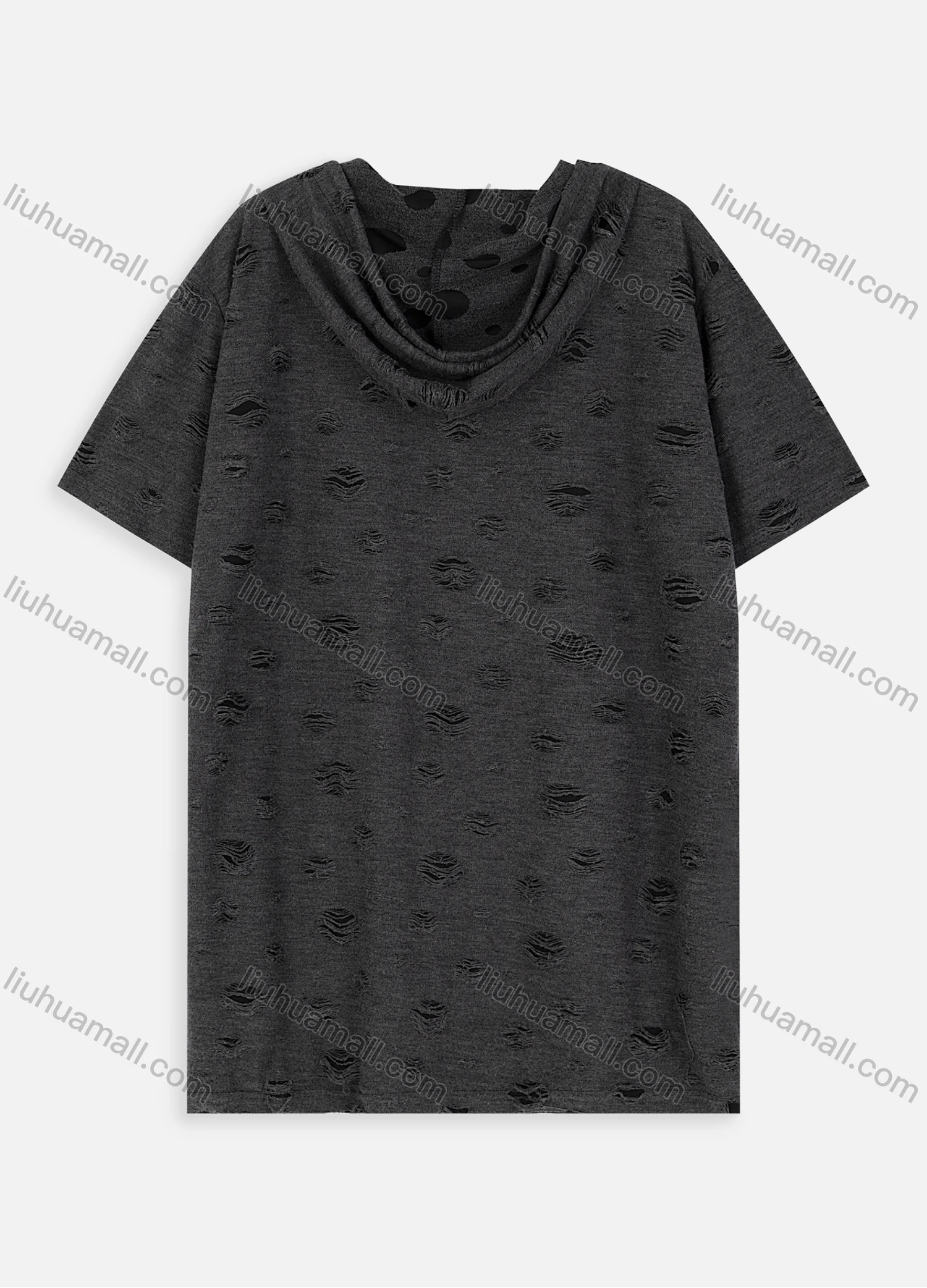 Wholesale Men's Fashion Short Sleeve Distressed Zip Up Drawstring Hoodie - Liuhuamall