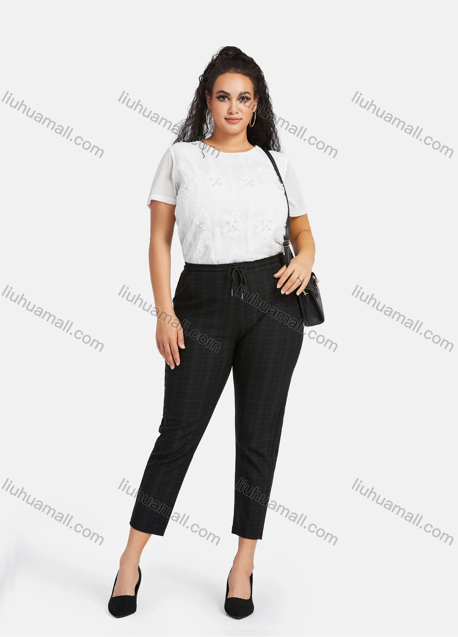 Wholesale Women's Casual Plus Size High Elastic Plaid Print Stright Leg Pants With Drawstring 33105# - Liuhuamall