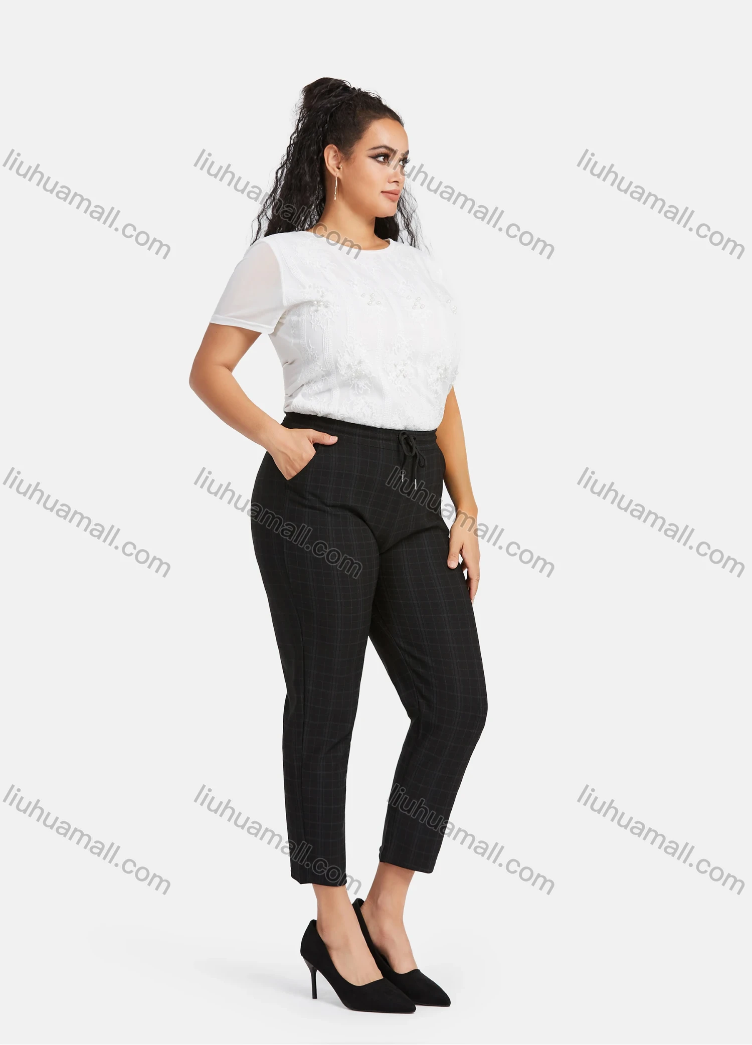 Wholesale Women's Casual Plus Size High Elastic Plaid Print Stright Leg Pants With Drawstring 33105# - Liuhuamall