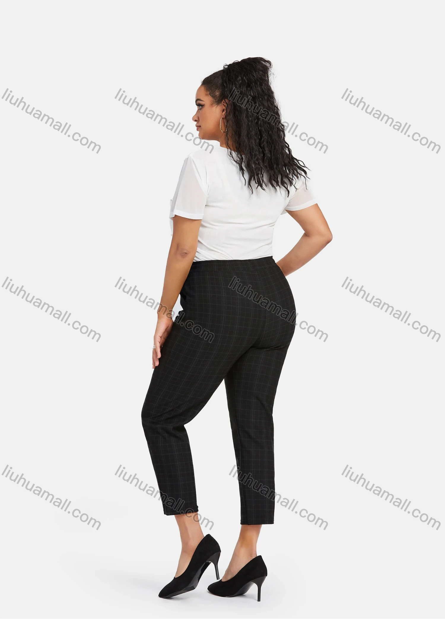 Wholesale Women's Casual Plus Size High Elastic Plaid Print Stright Leg Pants With Drawstring 33105# - Liuhuamall