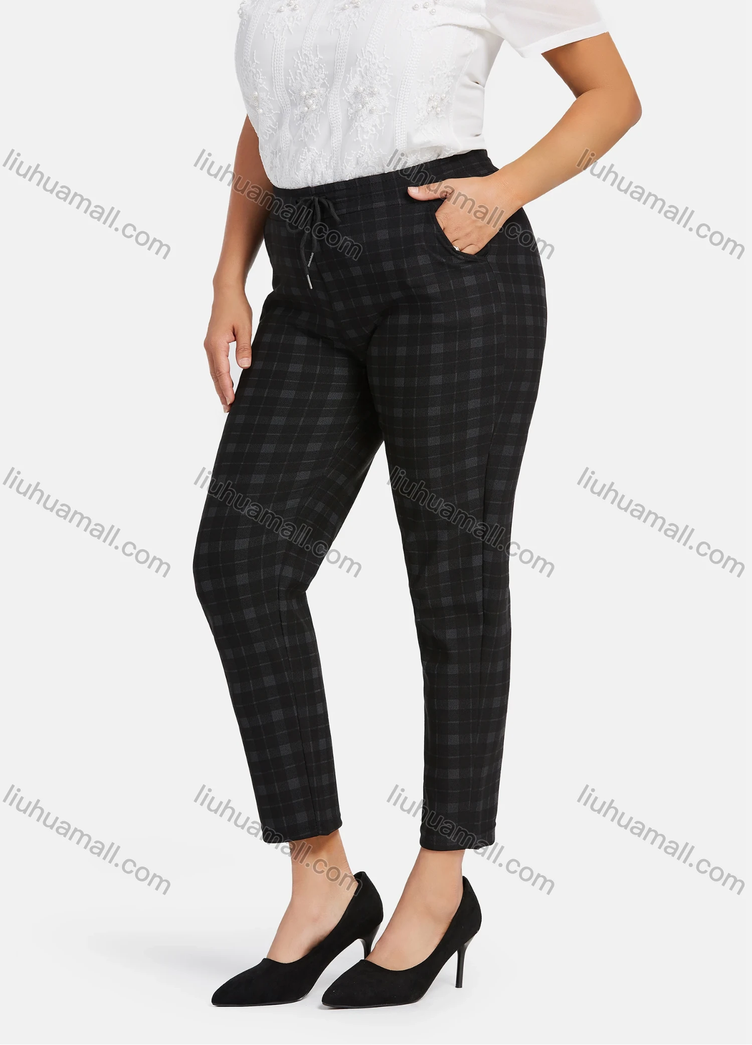 Wholesale Women's Casual Plus Size High Elastic Plaid Print Stright Leg Pants With Drawstring 33107# - Liuhuamall