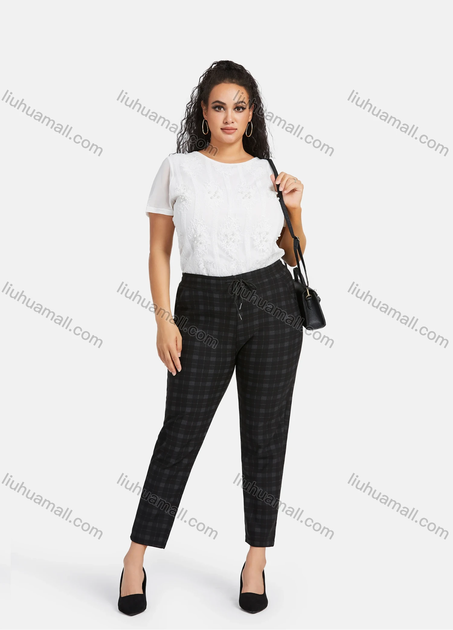 Wholesale Women's Casual Plus Size High Elastic Plaid Print Stright Leg Pants With Drawstring 33107# - Liuhuamall