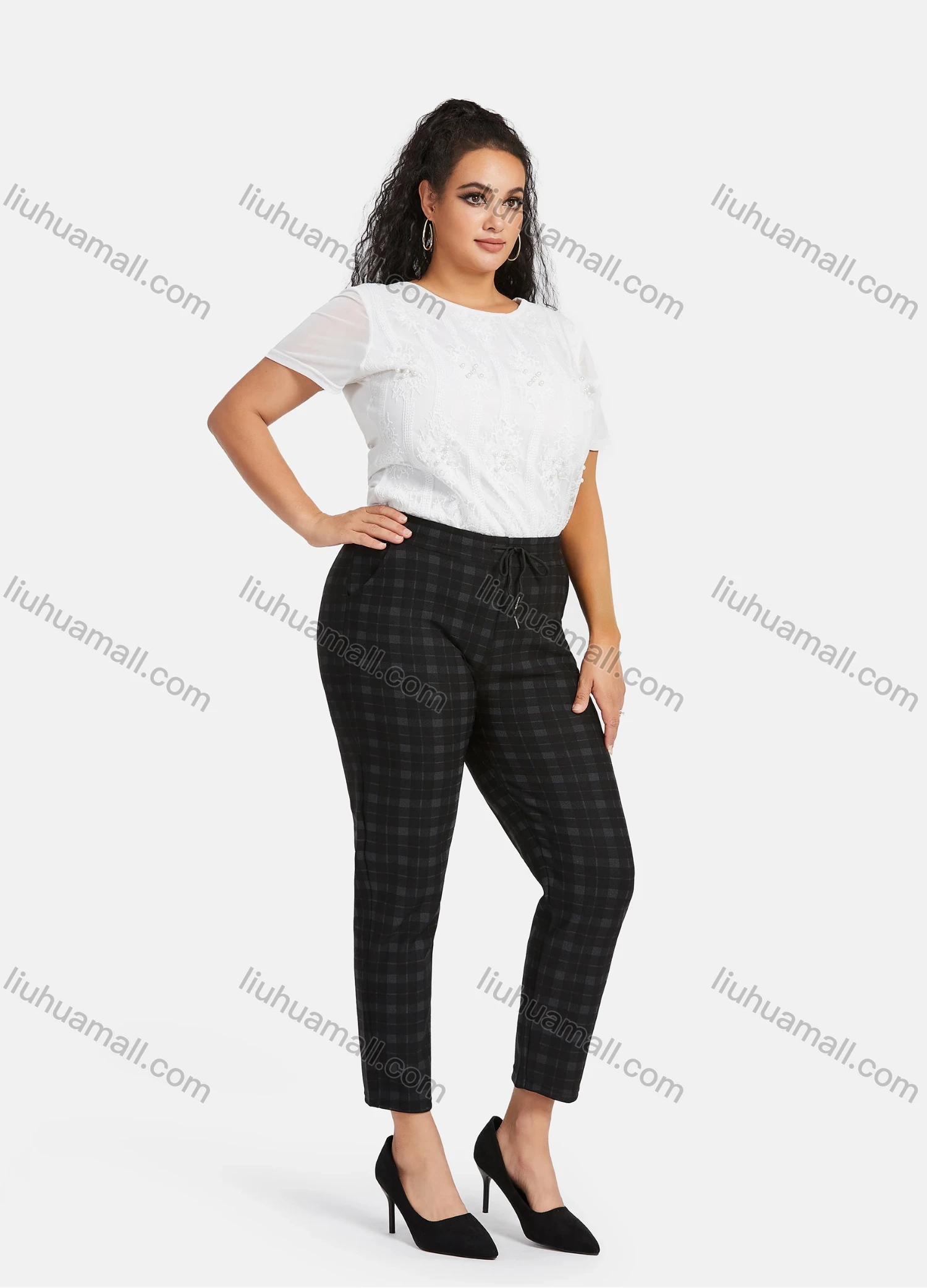 Wholesale Women's Casual Plus Size High Elastic Plaid Print Stright Leg Pants With Drawstring 33107# - Liuhuamall