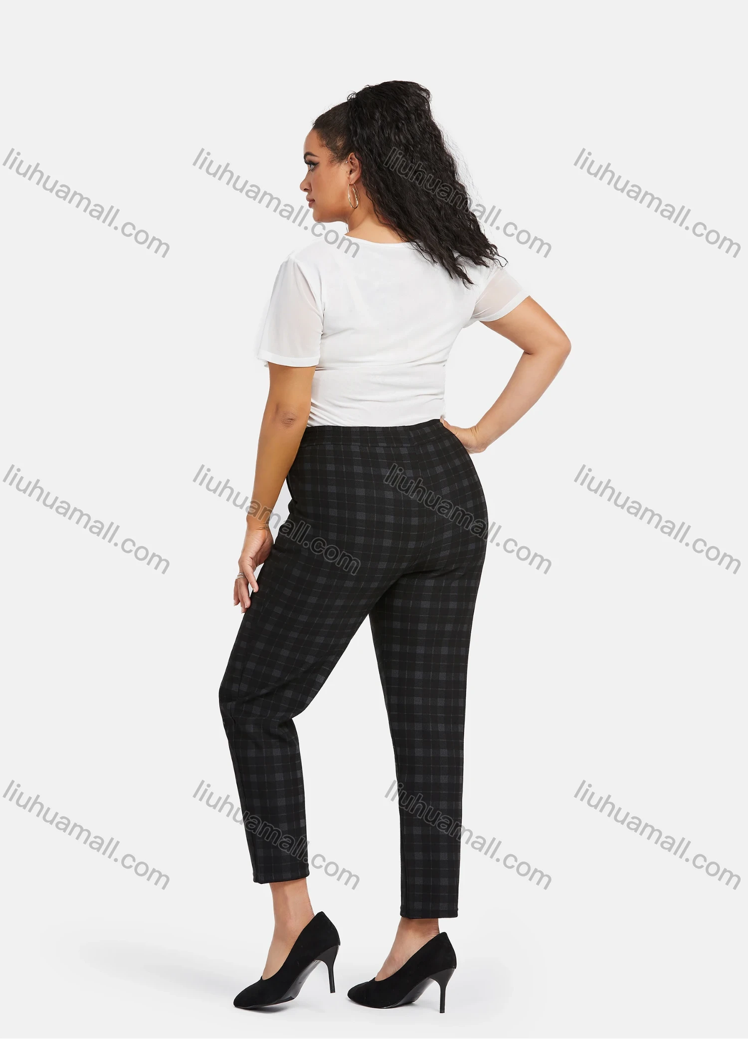 Wholesale Women's Casual Plus Size High Elastic Plaid Print Stright Leg Pants With Drawstring 33107# - Liuhuamall