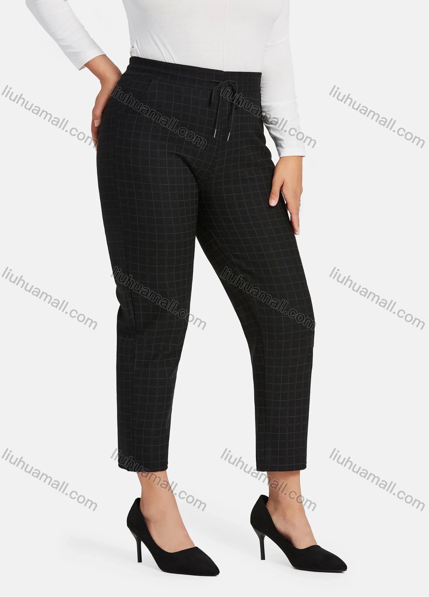 Wholesale Women's Casual Plus Size High Elastic Plaid Print Stright Leg Pants With Drawstring 33108# - Liuhuamall