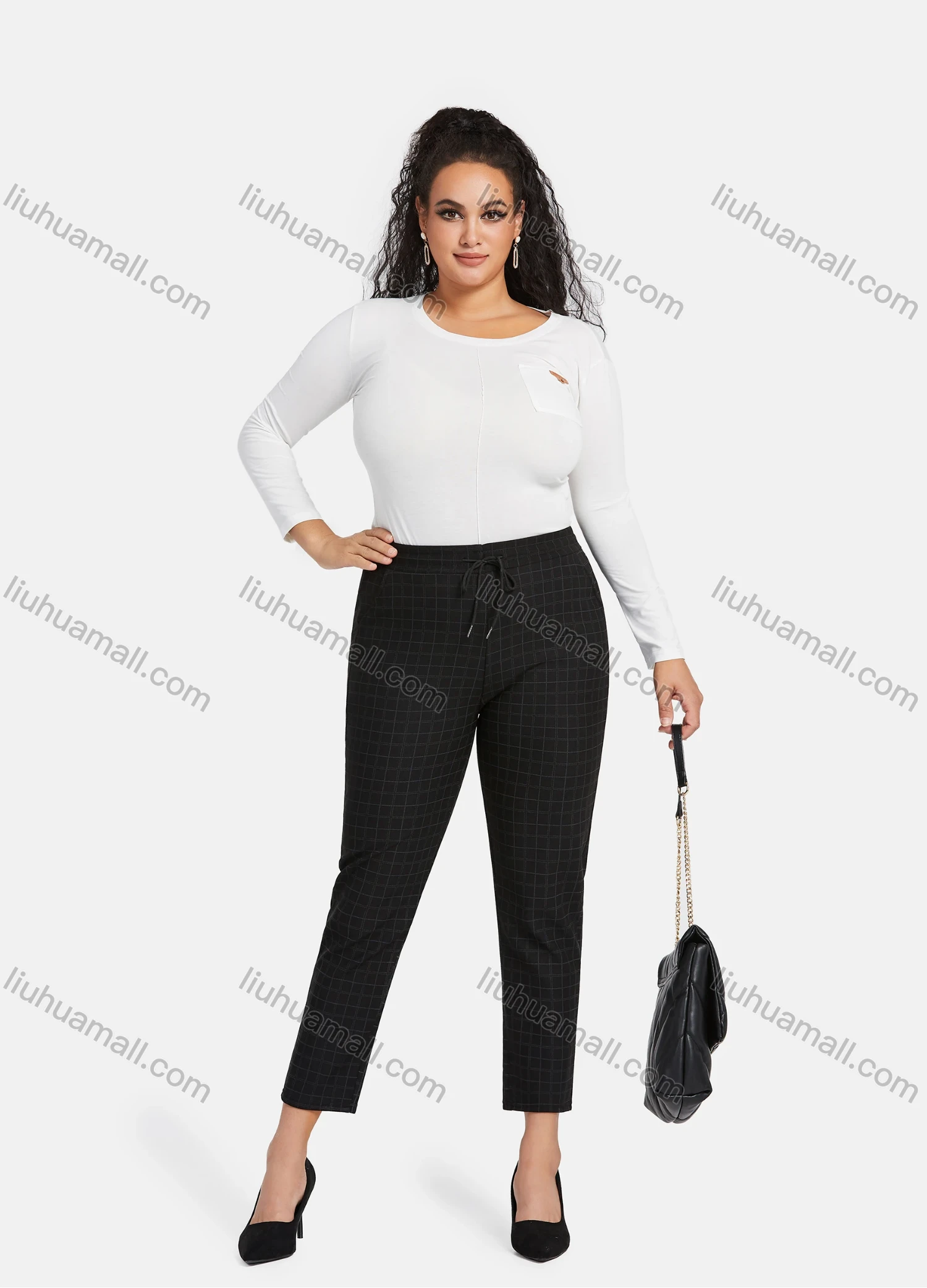 Wholesale Women's Casual Plus Size High Elastic Plaid Print Stright Leg Pants With Drawstring 33108# - Liuhuamall