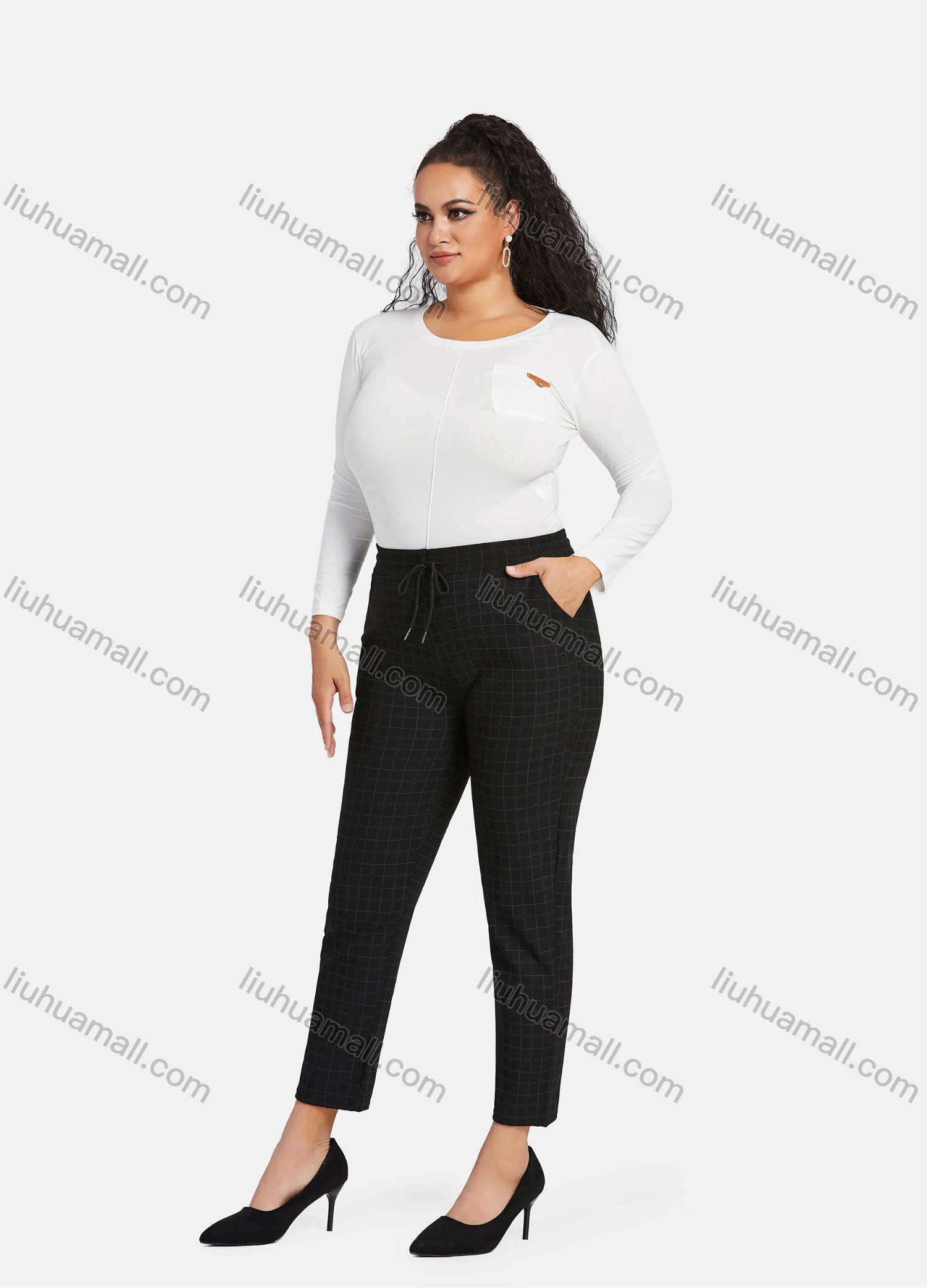 Wholesale Women's Casual Plus Size High Elastic Plaid Print Stright Leg Pants With Drawstring 33108# - Liuhuamall