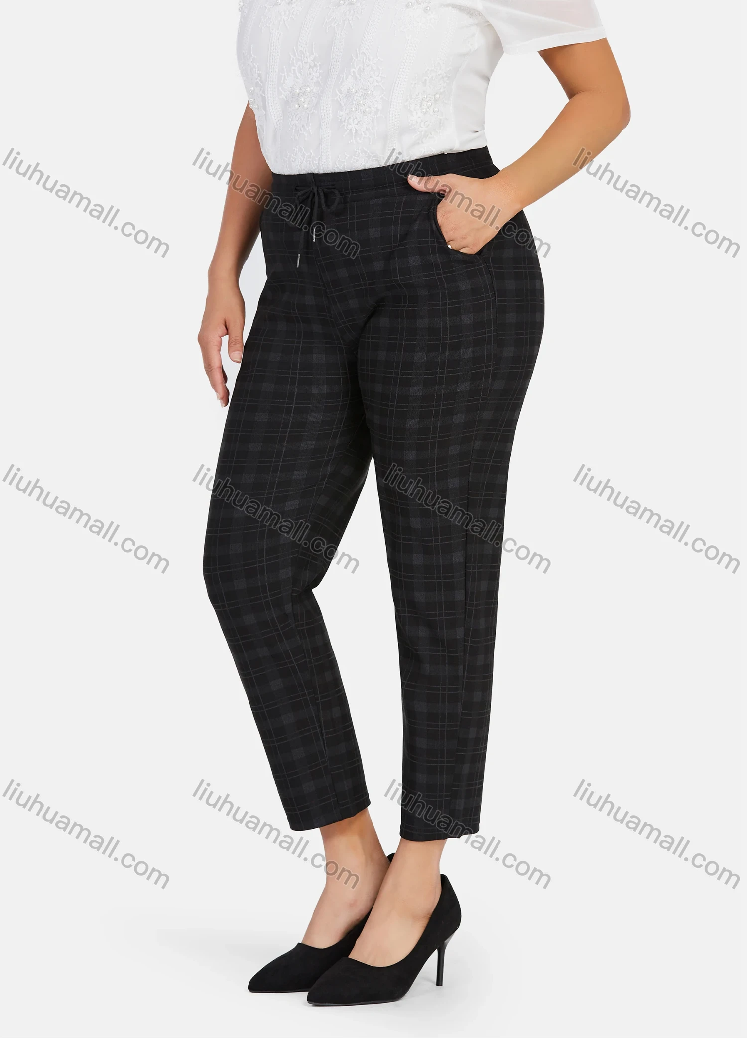 Wholesale Women's Casual Plus Size High Elastic Plaid Print Stright Leg Pants With Drawstring 33109# - Liuhuamall