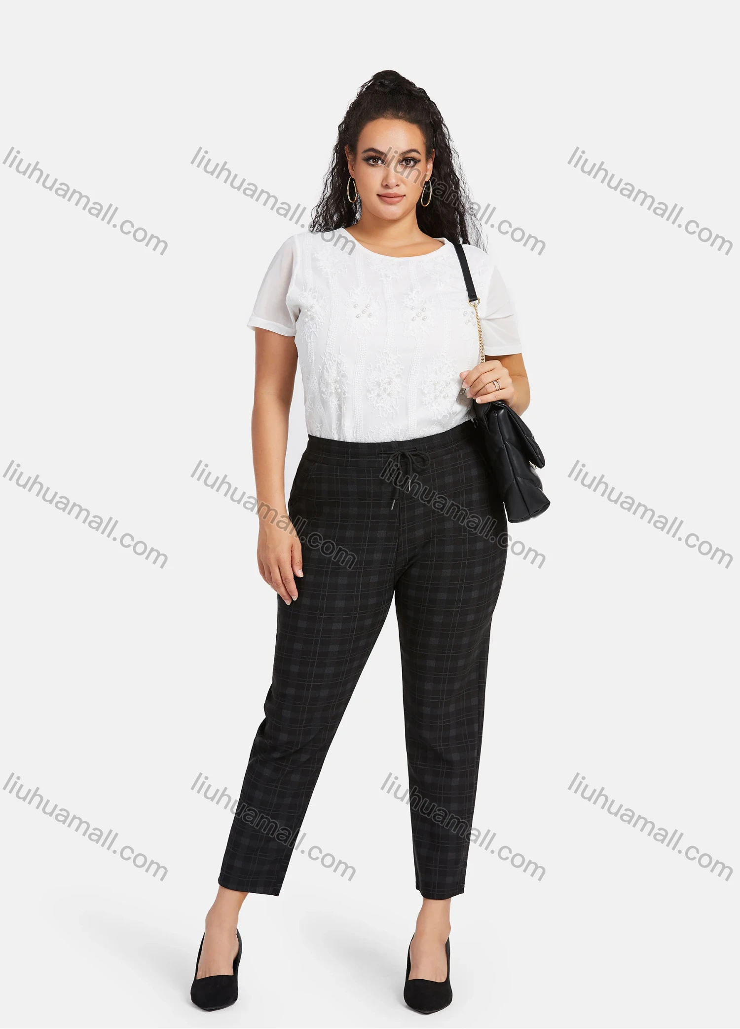 Wholesale Women's Casual Plus Size High Elastic Plaid Print Stright Leg Pants With Drawstring 33109# - Liuhuamall