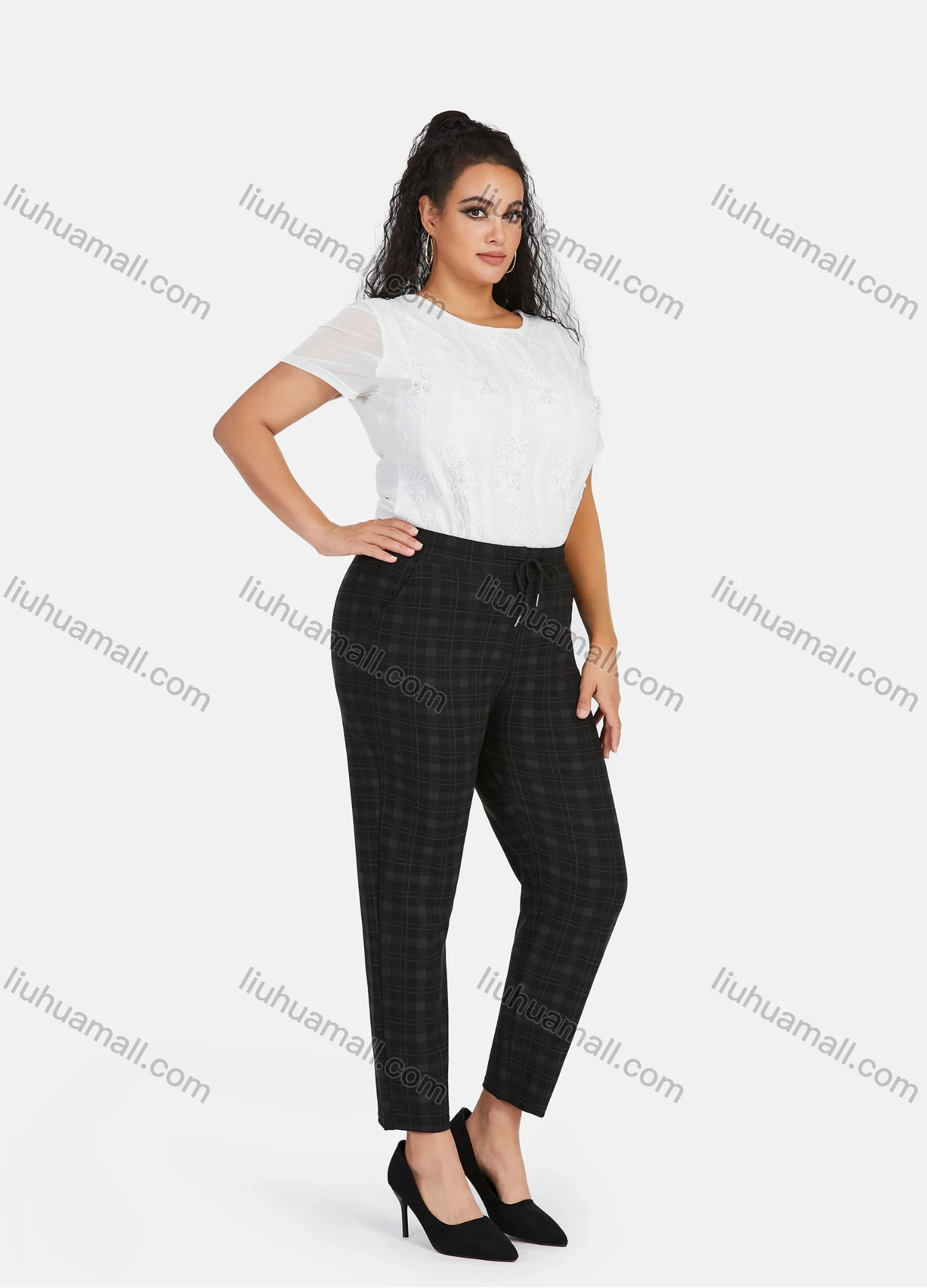 Wholesale Women's Casual Plus Size High Elastic Plaid Print Stright Leg Pants With Drawstring 33109# - Liuhuamall