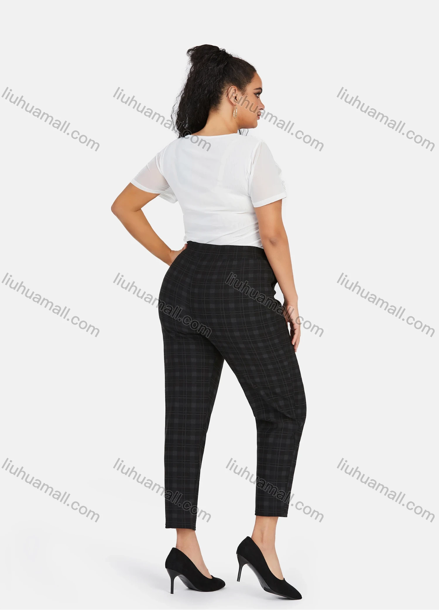 Wholesale Women's Casual Plus Size High Elastic Plaid Print Stright Leg Pants With Drawstring 33109# - Liuhuamall