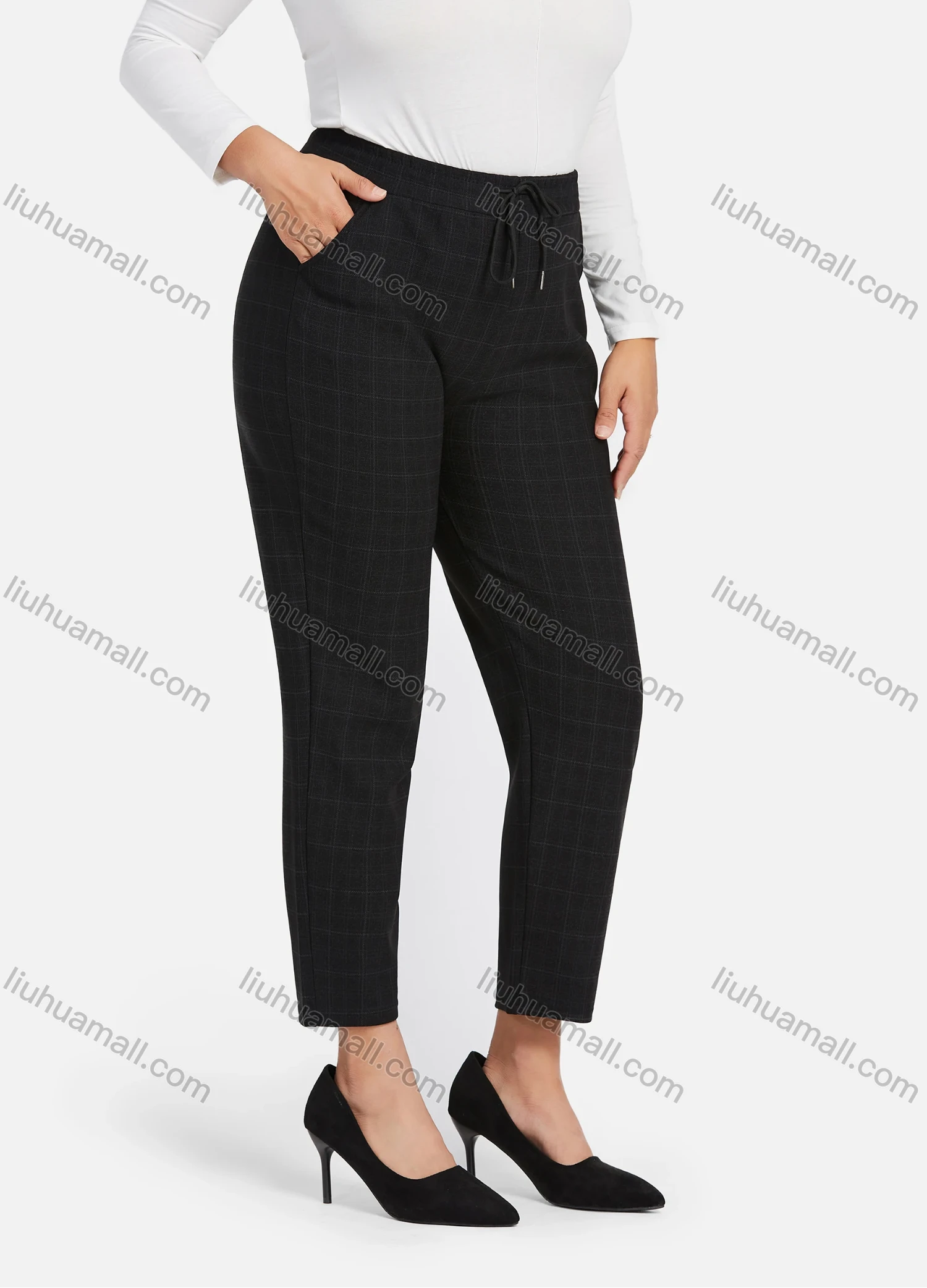 Wholesale Women's Casual Plus Size High Elastic Plaid Print Stright Leg Pants With Drawstring 33110# - Liuhuamall