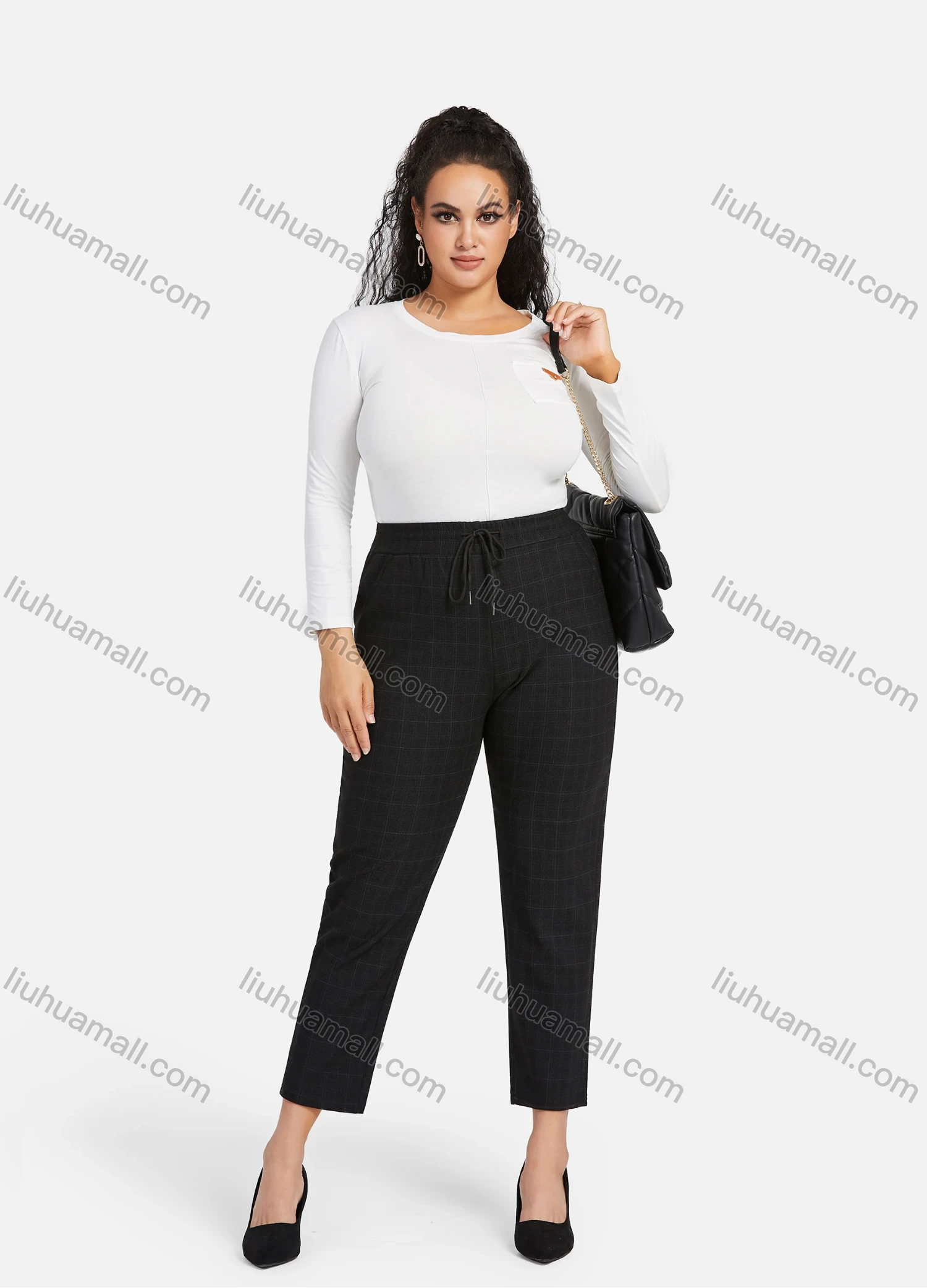 Wholesale Women's Casual Plus Size High Elastic Plaid Print Stright Leg Pants With Drawstring 33110# - Liuhuamall