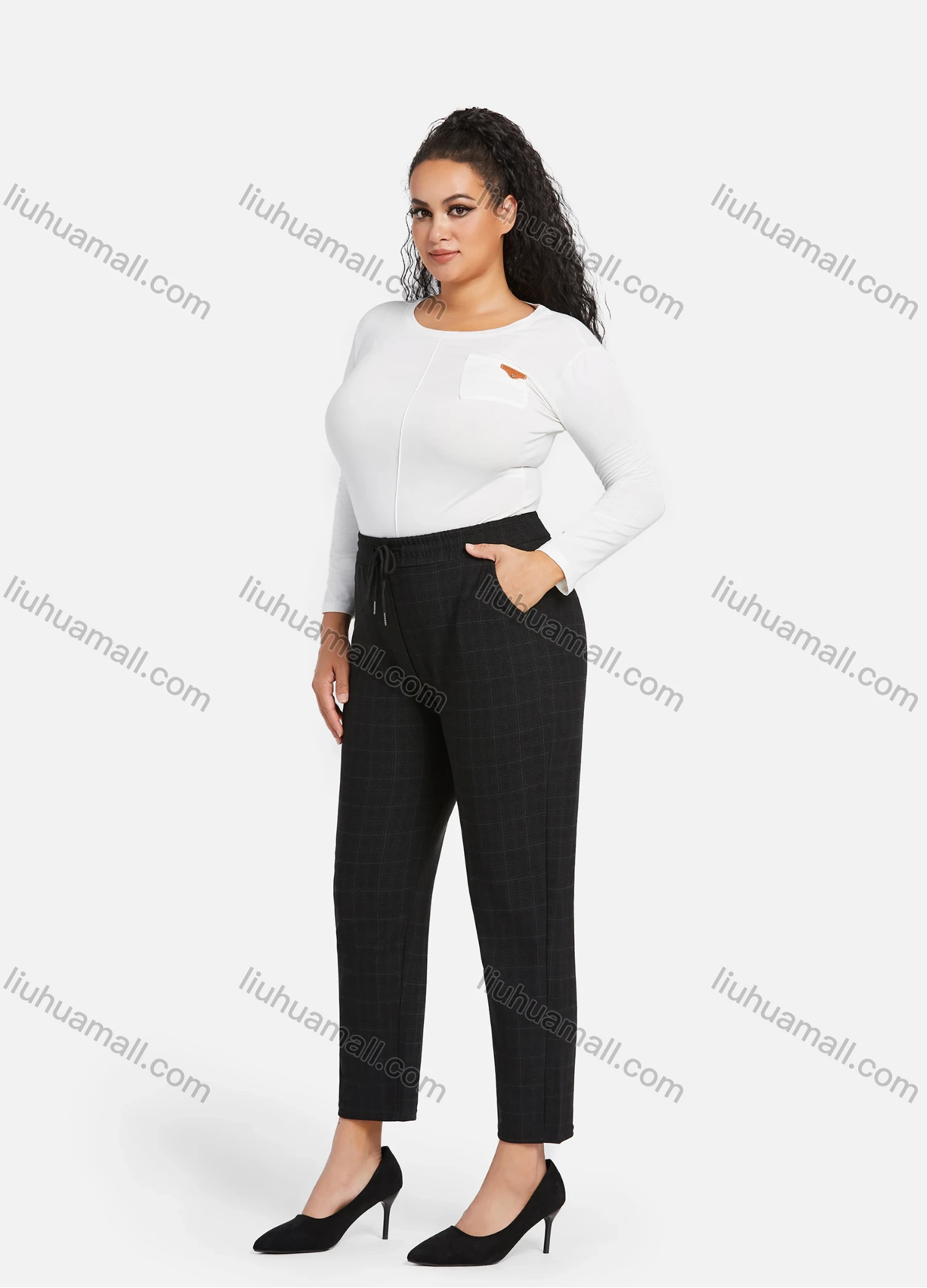 Wholesale Women's Casual Plus Size High Elastic Plaid Print Stright Leg Pants With Drawstring 33110# - Liuhuamall