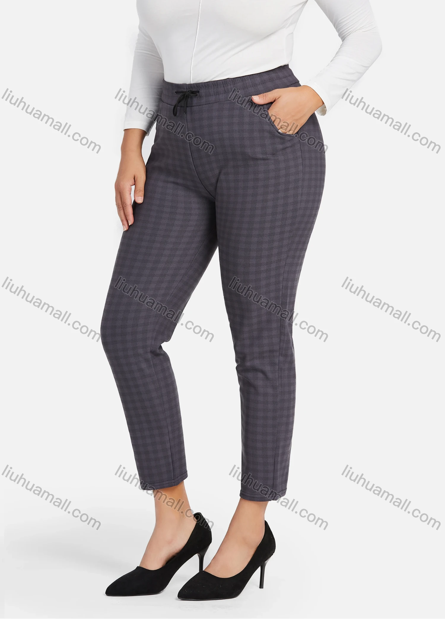 Wholesale Women's Casual Plus Size High Elastic Plaid Print Stright Leg Pants With Drawstring 33026# - Liuhuamall