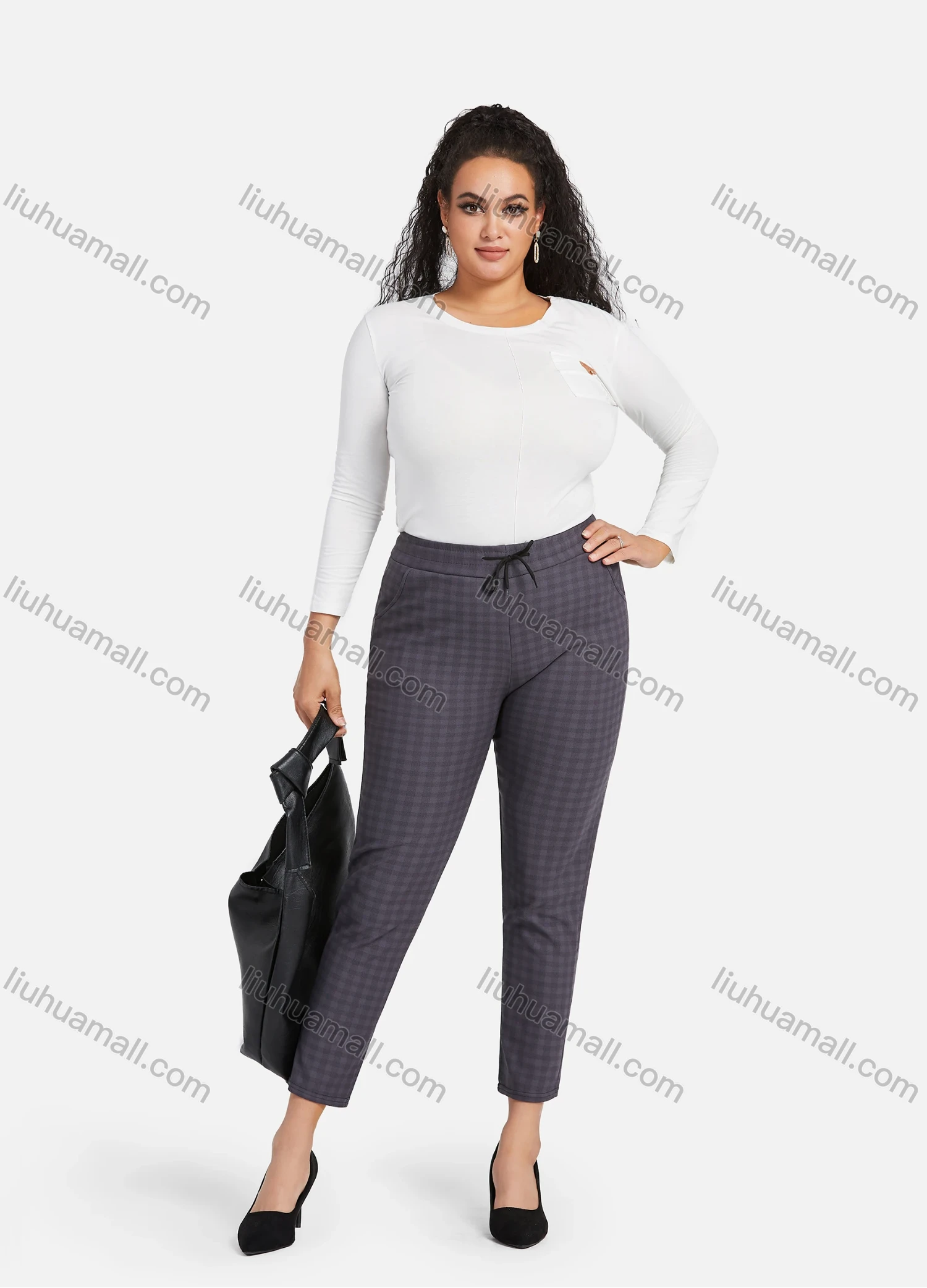 Wholesale Women's Casual Plus Size High Elastic Plaid Print Stright Leg Pants With Drawstring 33026# - Liuhuamall