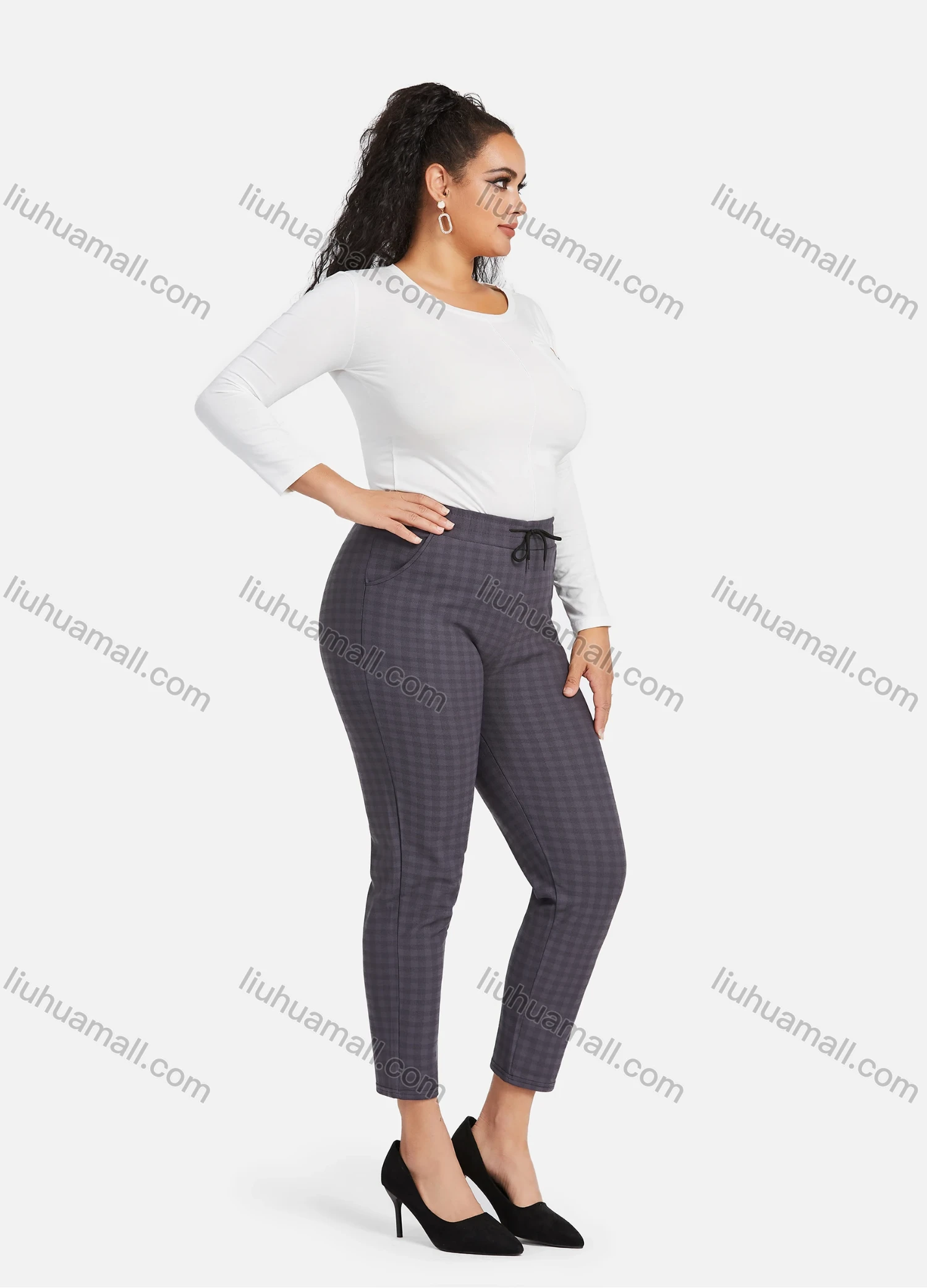 Wholesale Women's Casual Plus Size High Elastic Plaid Print Stright Leg Pants With Drawstring 33026# - Liuhuamall