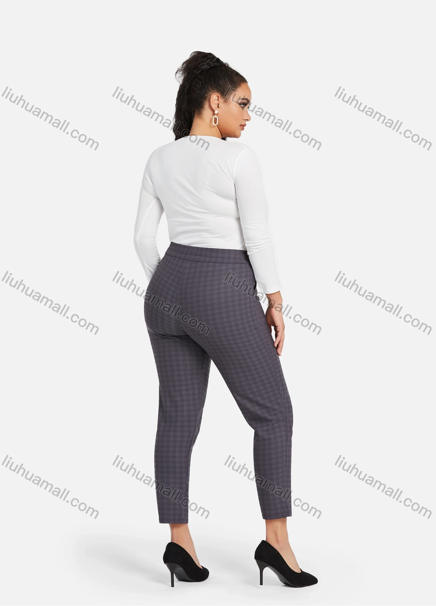 Wholesale Women's Casual Plus Size High Elastic Plaid Print Stright Leg Pants With Drawstring 33026# - Liuhuamall