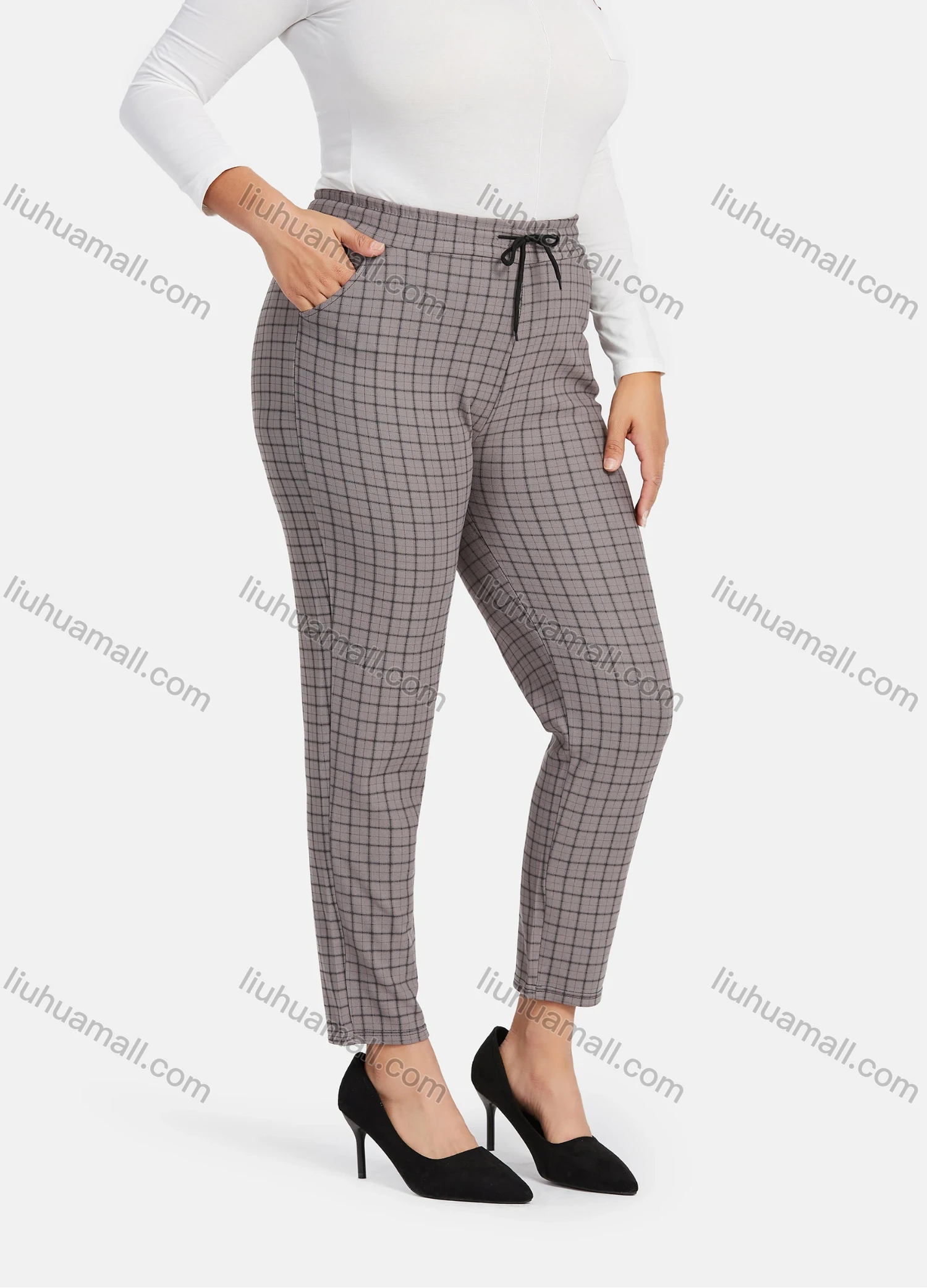 Wholesale Women's Casual Plus Size High Elastic Plaid Print Stright Leg Pants With Drawstring 33029# - Liuhuamall