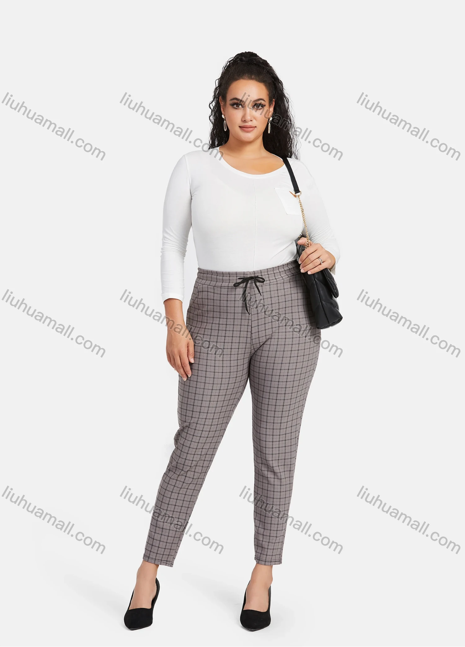 Wholesale Women's Casual Plus Size High Elastic Plaid Print Stright Leg Pants With Drawstring 33029# - Liuhuamall