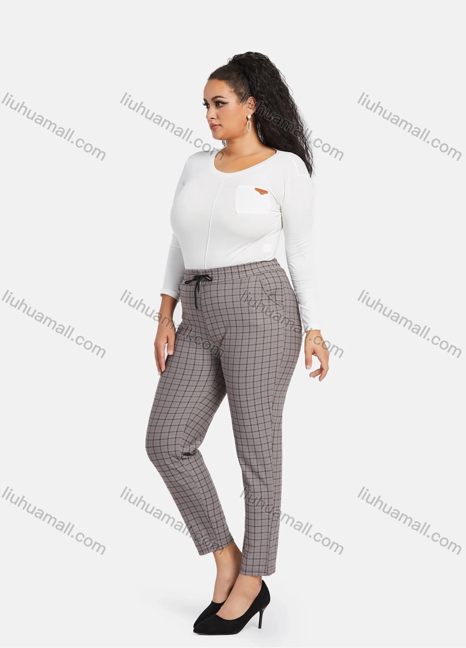 Wholesale Women's Casual Plus Size High Elastic Plaid Print Stright Leg Pants With Drawstring 33029# - Liuhuamall