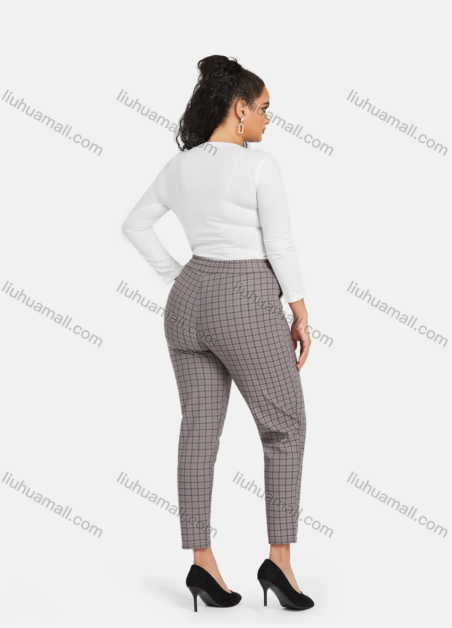 Wholesale Women's Casual Plus Size High Elastic Plaid Print Stright Leg Pants With Drawstring 33029# - Liuhuamall