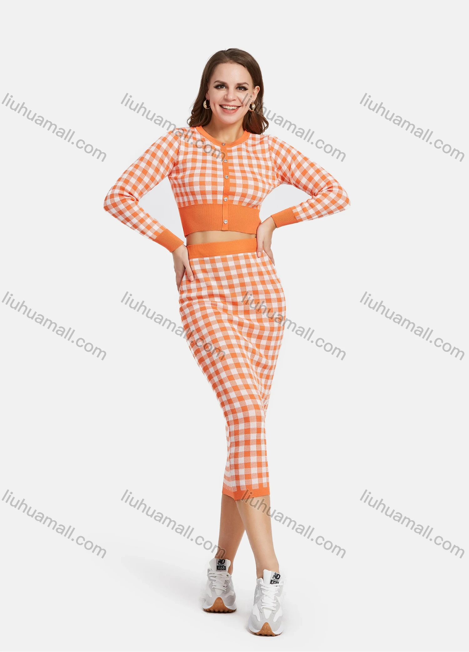 Wholesale Women's Plaid Long Sleeve Button Down Crop Top Knit 2 Piece Sets 2131# - Liuhuamall