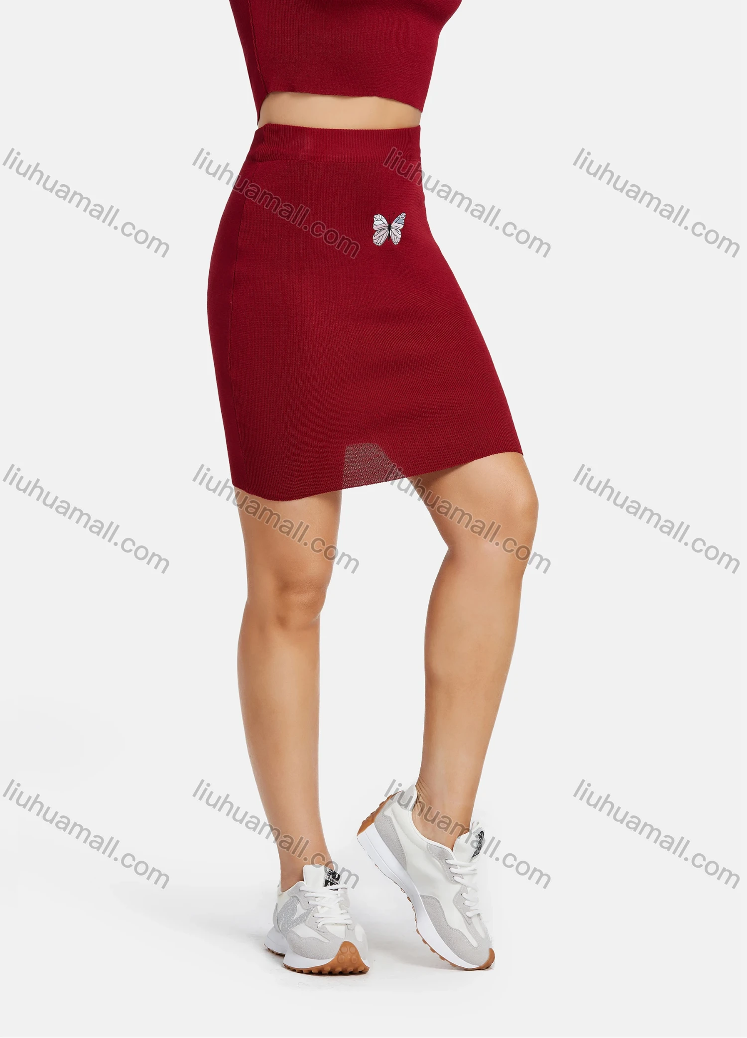 Wholesale Women's Casual Short Sleeve Butterfly Embroidery Knit Top & Pencil Skirt 2 Piece Set - Liuhuamall