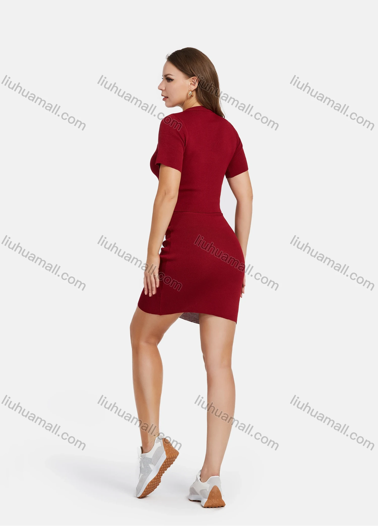 Wholesale Women's Casual Short Sleeve Butterfly Embroidery Knit Top & Pencil Skirt 2 Piece Set - Liuhuamall