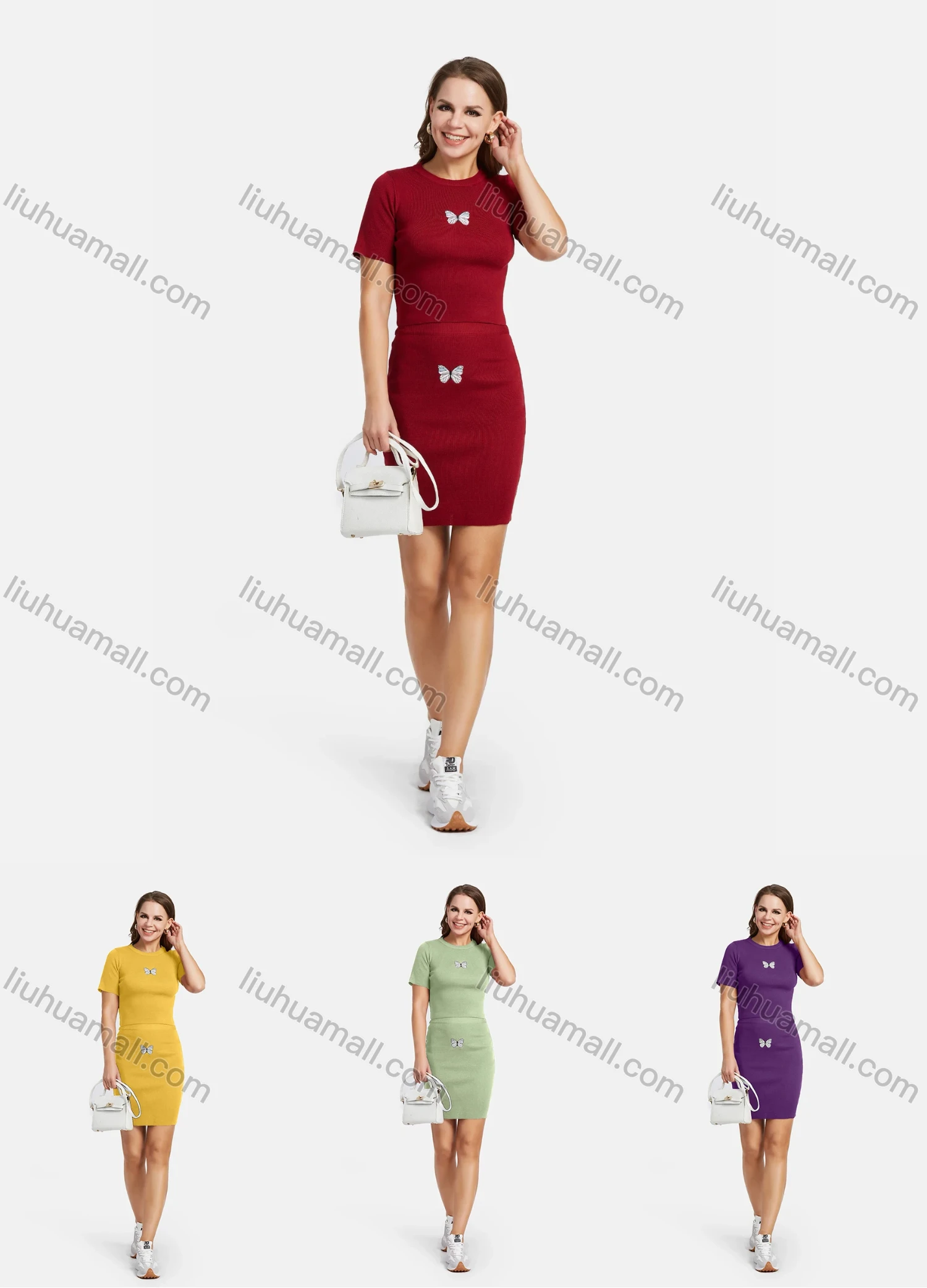 Wholesale Women's Casual Short Sleeve Butterfly Embroidery Knit Top & Pencil Skirt 2 Piece Set - Liuhuamall