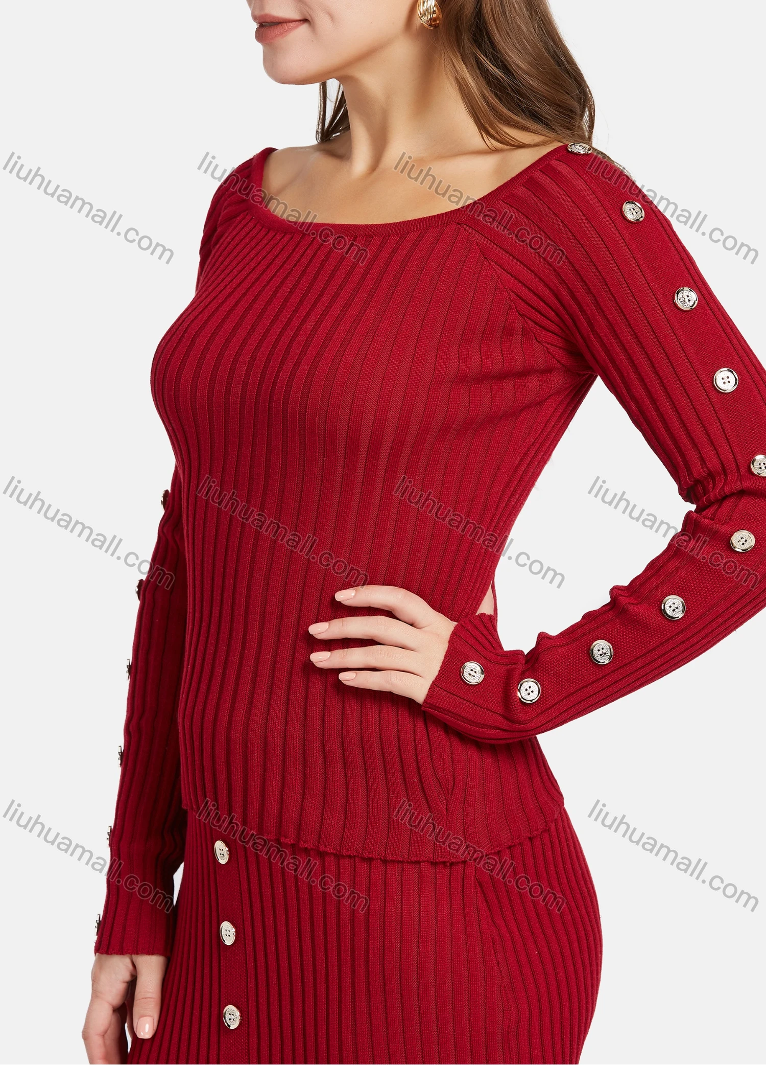 Wholesale Women's Ribbed Boat Neck Button Decro Knit Top & Split Front Bodycon Skirt 2 Piece Set - Liuhuamall