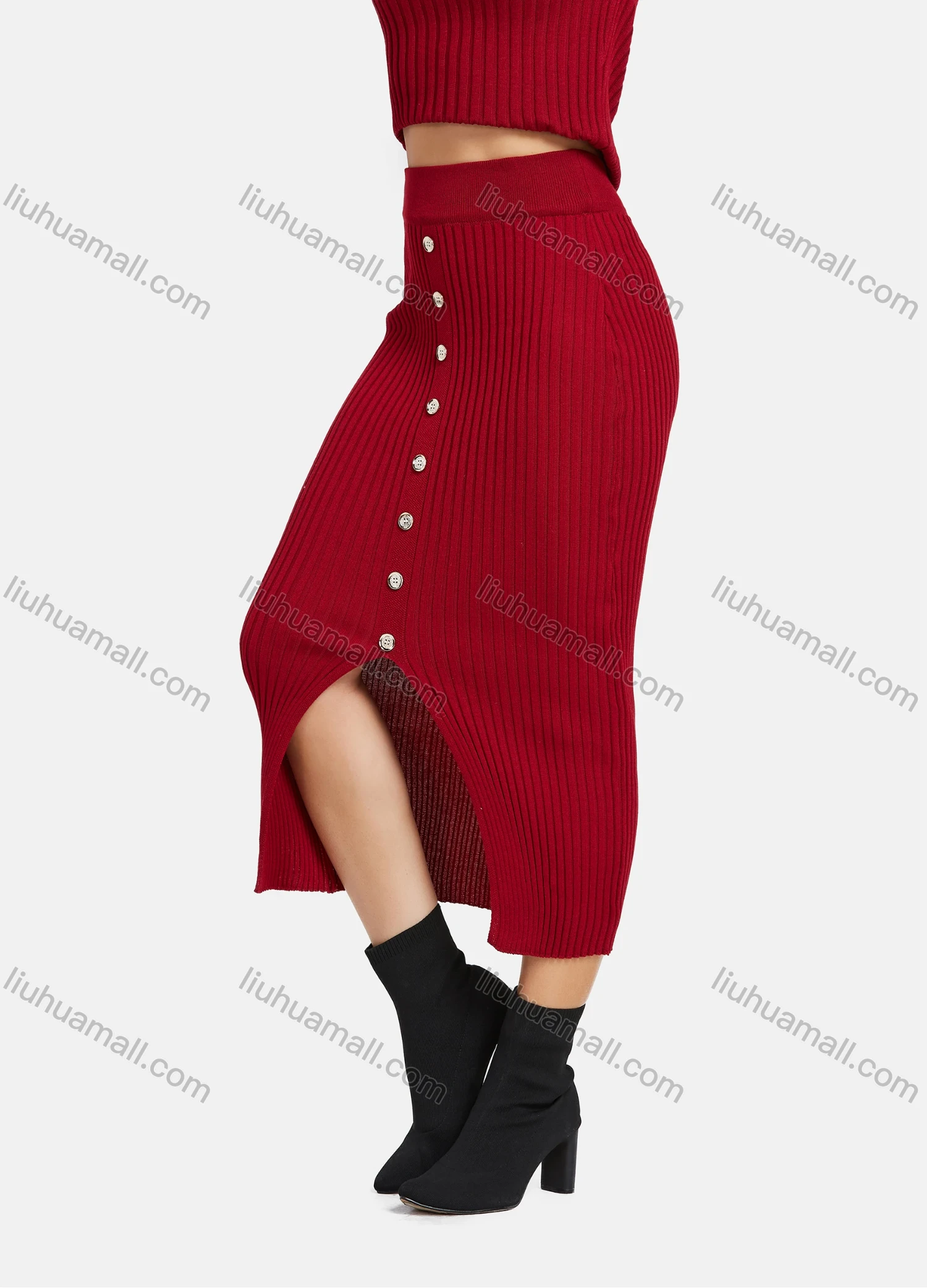 Wholesale Women's Ribbed Boat Neck Button Decro Knit Top & Split Front Bodycon Skirt 2 Piece Set - Liuhuamall