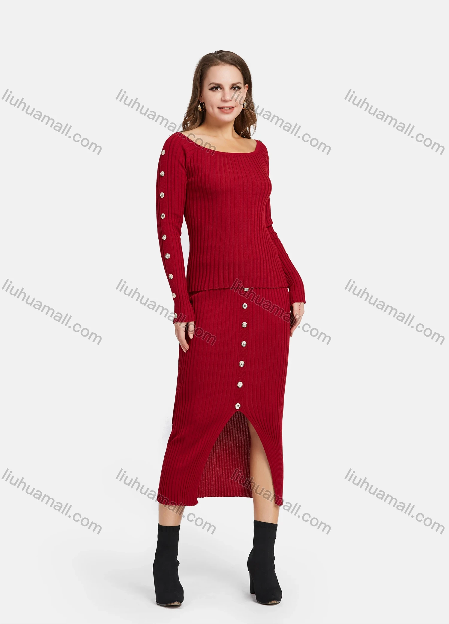 Wholesale Women's Ribbed Boat Neck Button Decro Knit Top & Split Front Bodycon Skirt 2 Piece Set - Liuhuamall