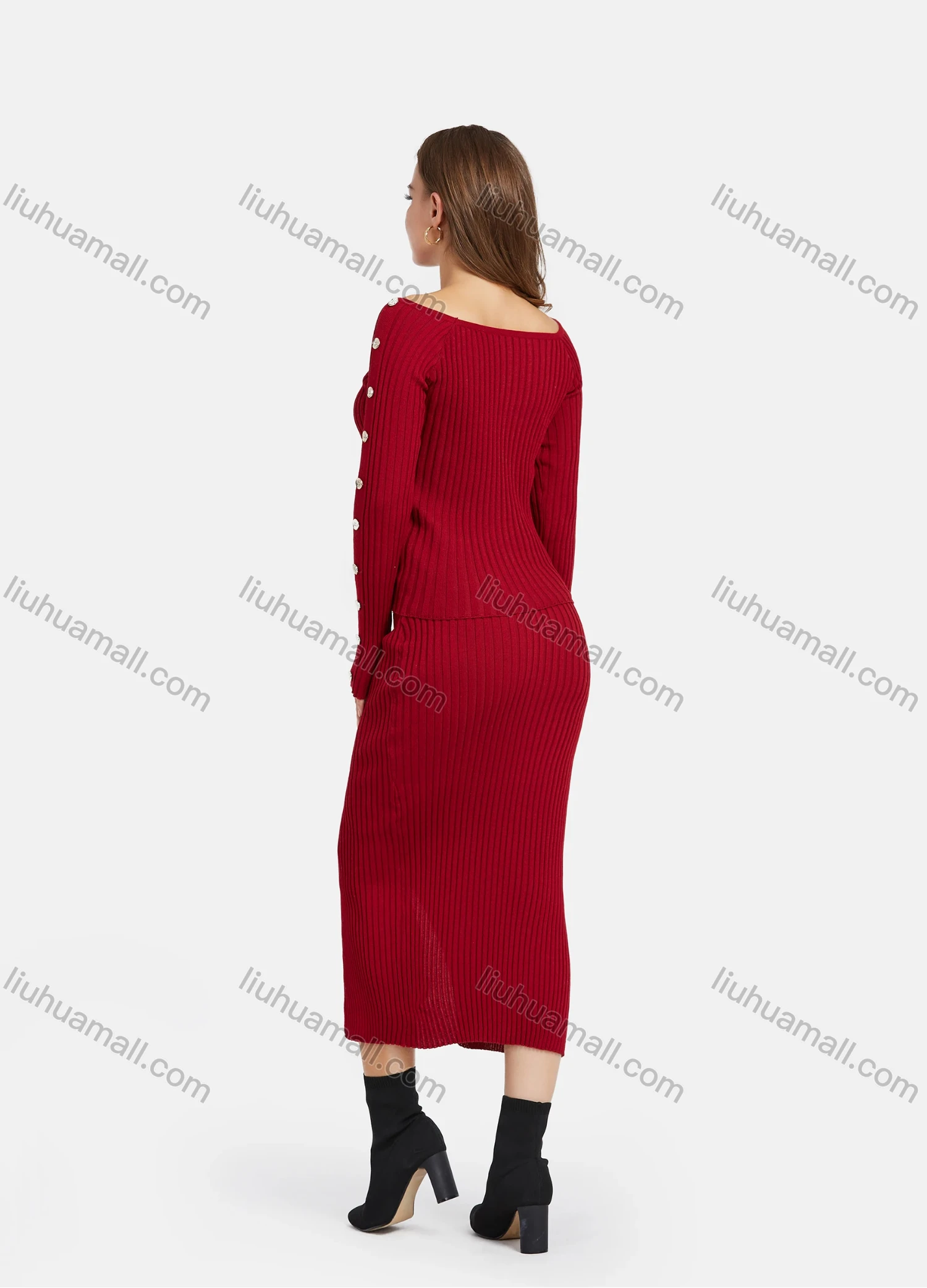 Wholesale Women's Ribbed Boat Neck Button Decro Knit Top & Split Front Bodycon Skirt 2 Piece Set - Liuhuamall